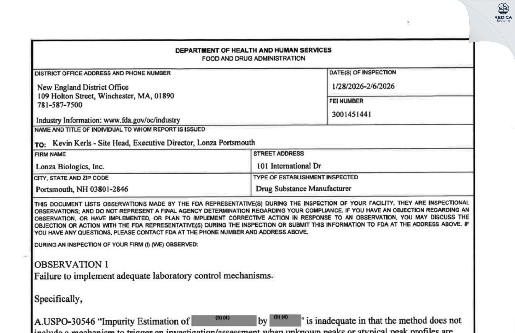 FDA 483 - Lonza Biologics, Inc. [Portsmouth / United States of America] - Download PDF - Redica Systems
