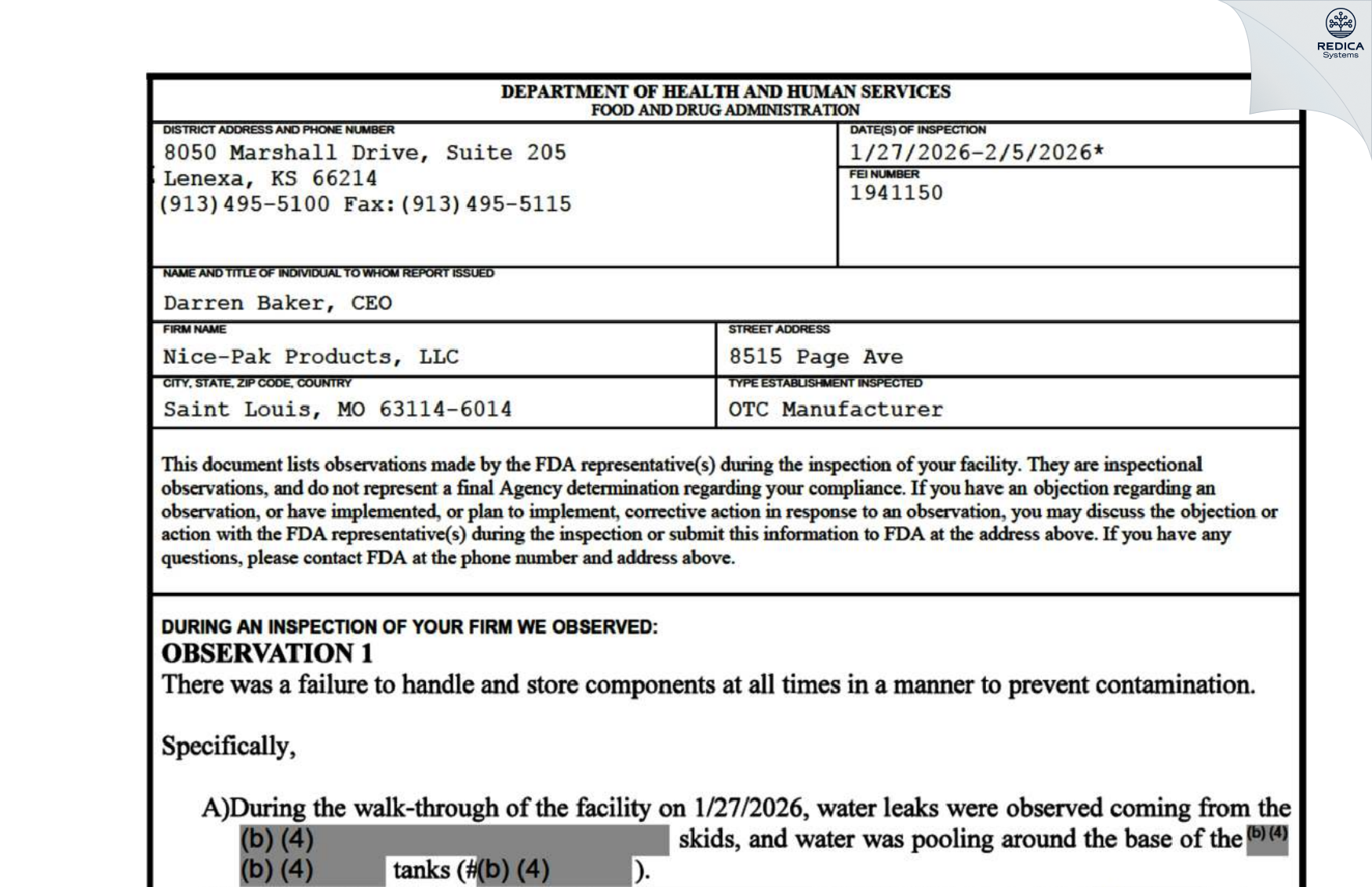 FDA 483 - Consumer Product Partners, LLC [Saint Louis / United States of America] - Download PDF - Redica Systems