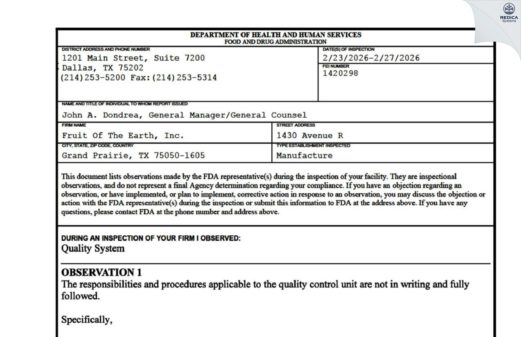 FDA 483 - Fruit of the Earth, Inc. [Grand Prairie / United States of America] - Download PDF - Redica Systems