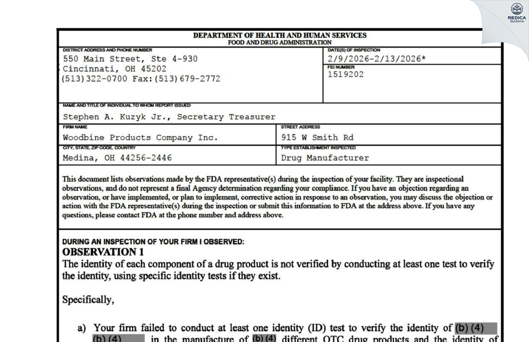 FDA 483 - Woodbine Products Company [Medina / United States of America] - Download PDF - Redica Systems