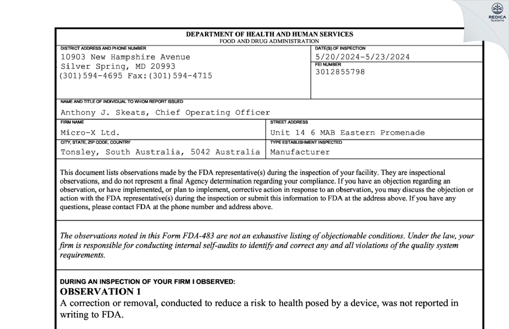 FDA 483 - Micro-X Ltd. [Adelaide / Australia] - Download PDF - Redica Systems