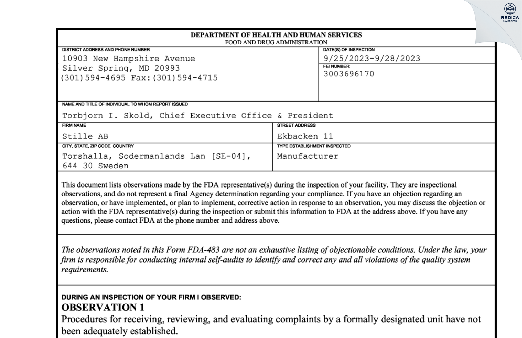 FDA 483 - Stille AB [Solna / Sweden] - Download PDF - Redica Systems