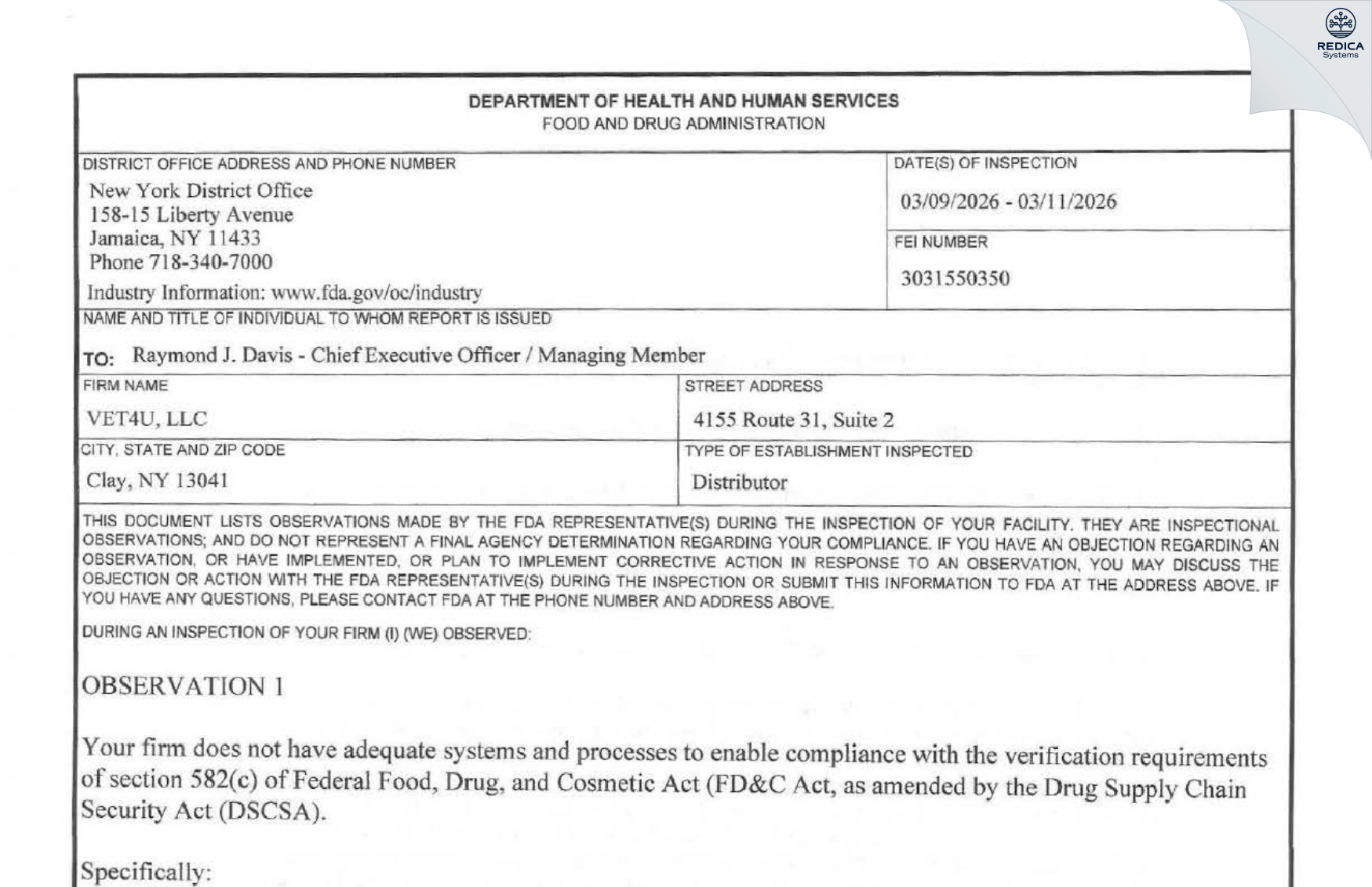 FDA 483 - VET4U, LLC [Clay / United States of America] - Download PDF - Redica Systems