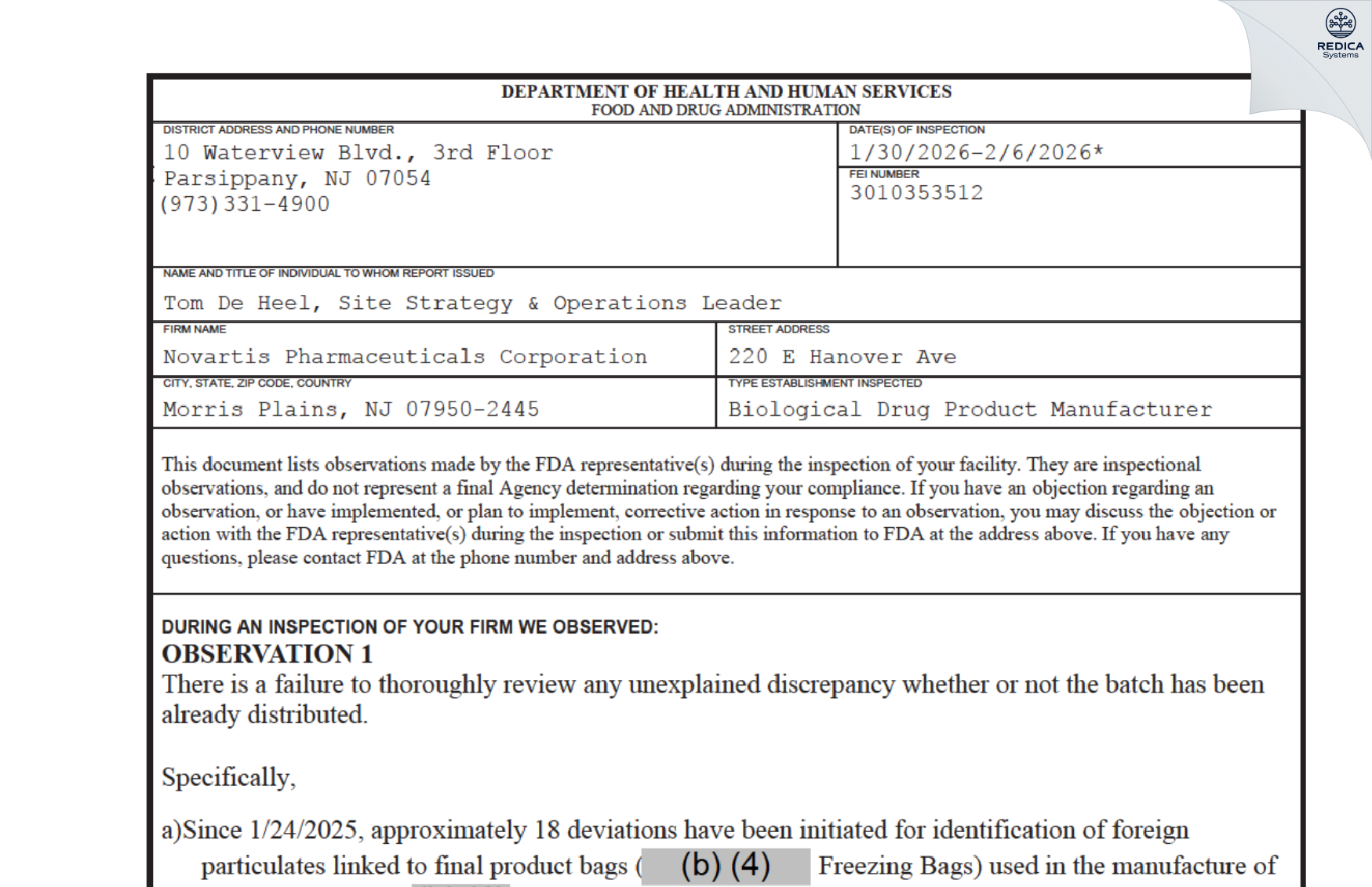 FDA 483 - Novartis Pharmaceuticals Corporation [Morris Plains / United States of America] - Download PDF - Redica Systems