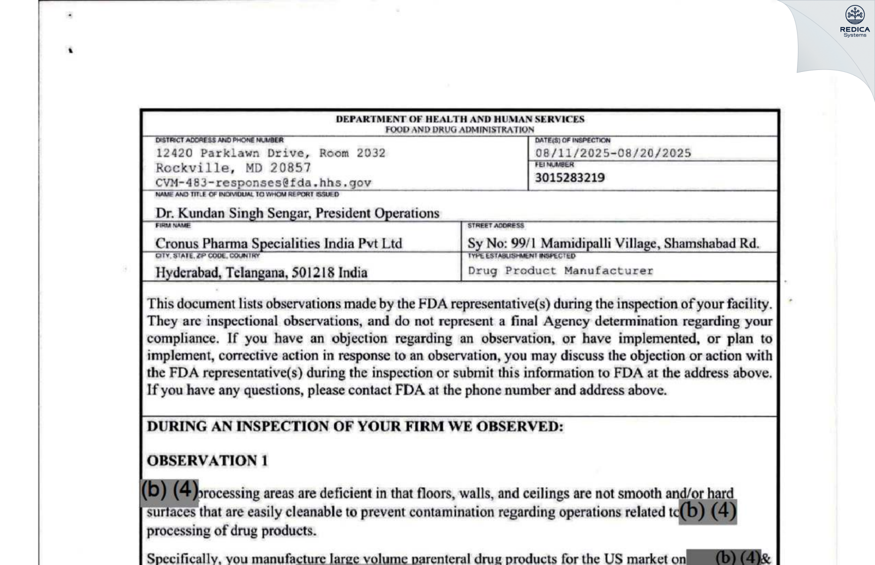 FDA 483 - CRONUS PHARMA SPECIALITIES INDIA PRIVATE LIMITED [Shamshabad / India] - Download PDF - Redica Systems