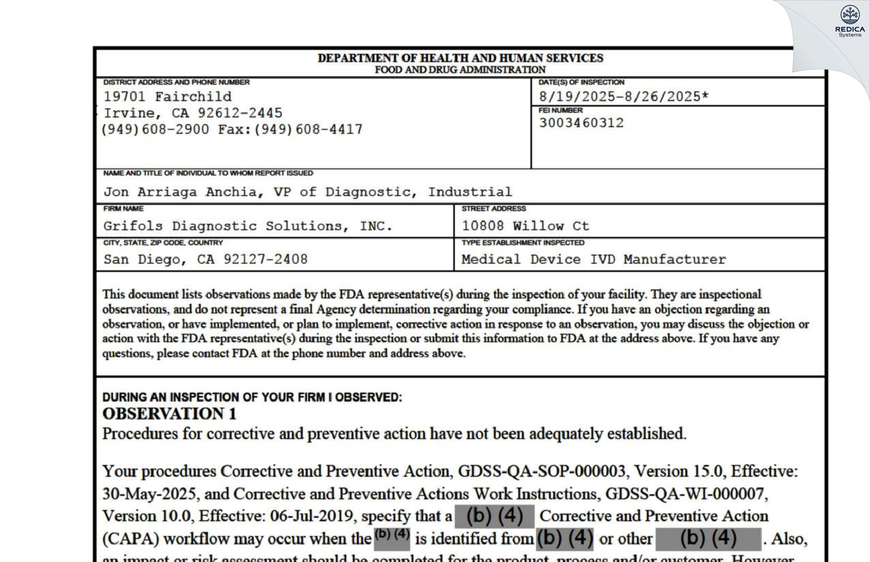 FDA 483 - Grifols Diagnostic Solutions Inc. [San Diego / United States of America] - Download PDF - Redica Systems