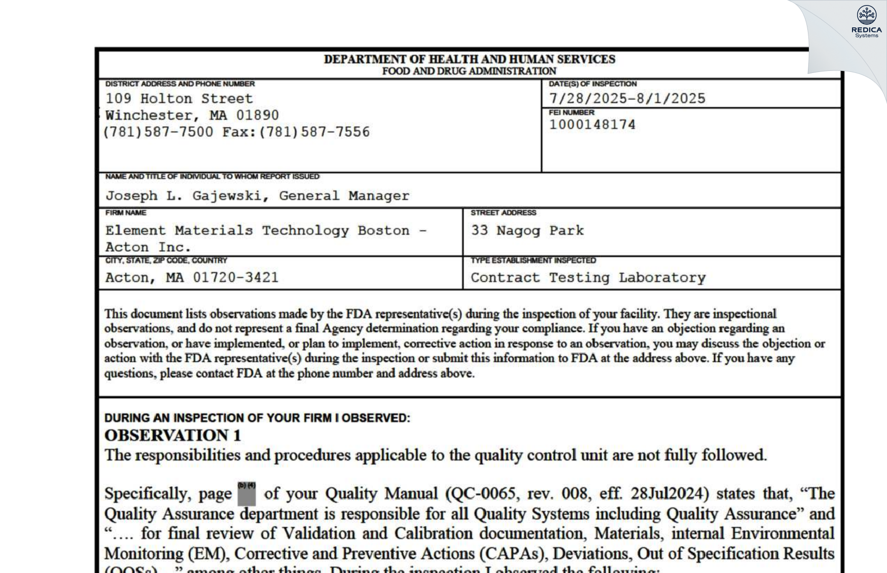 FDA 483 - Element Materials Technology Boston - Acton Inc [Acton / United States of America] - Download PDF - Redica Systems