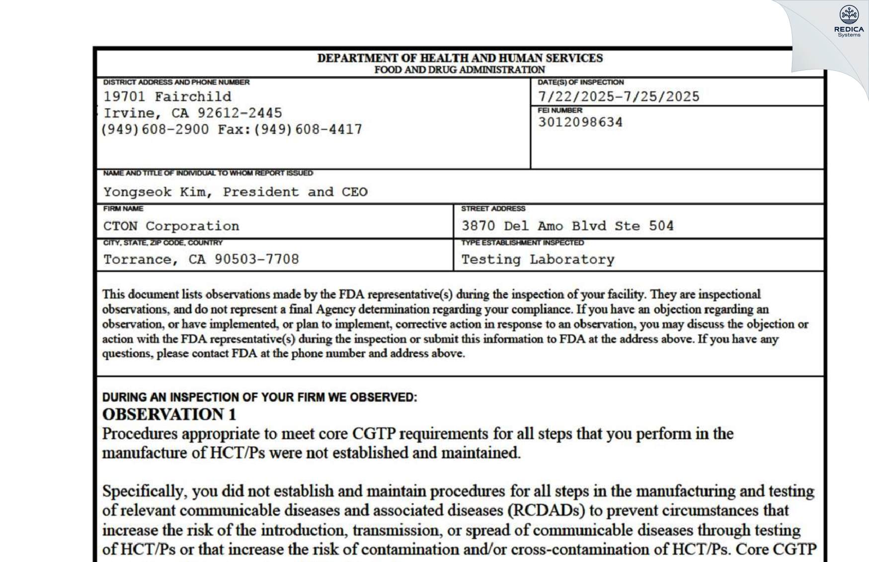 FDA 483 - CTON Corporation [Torrance / United States of America] - Download PDF - Redica Systems