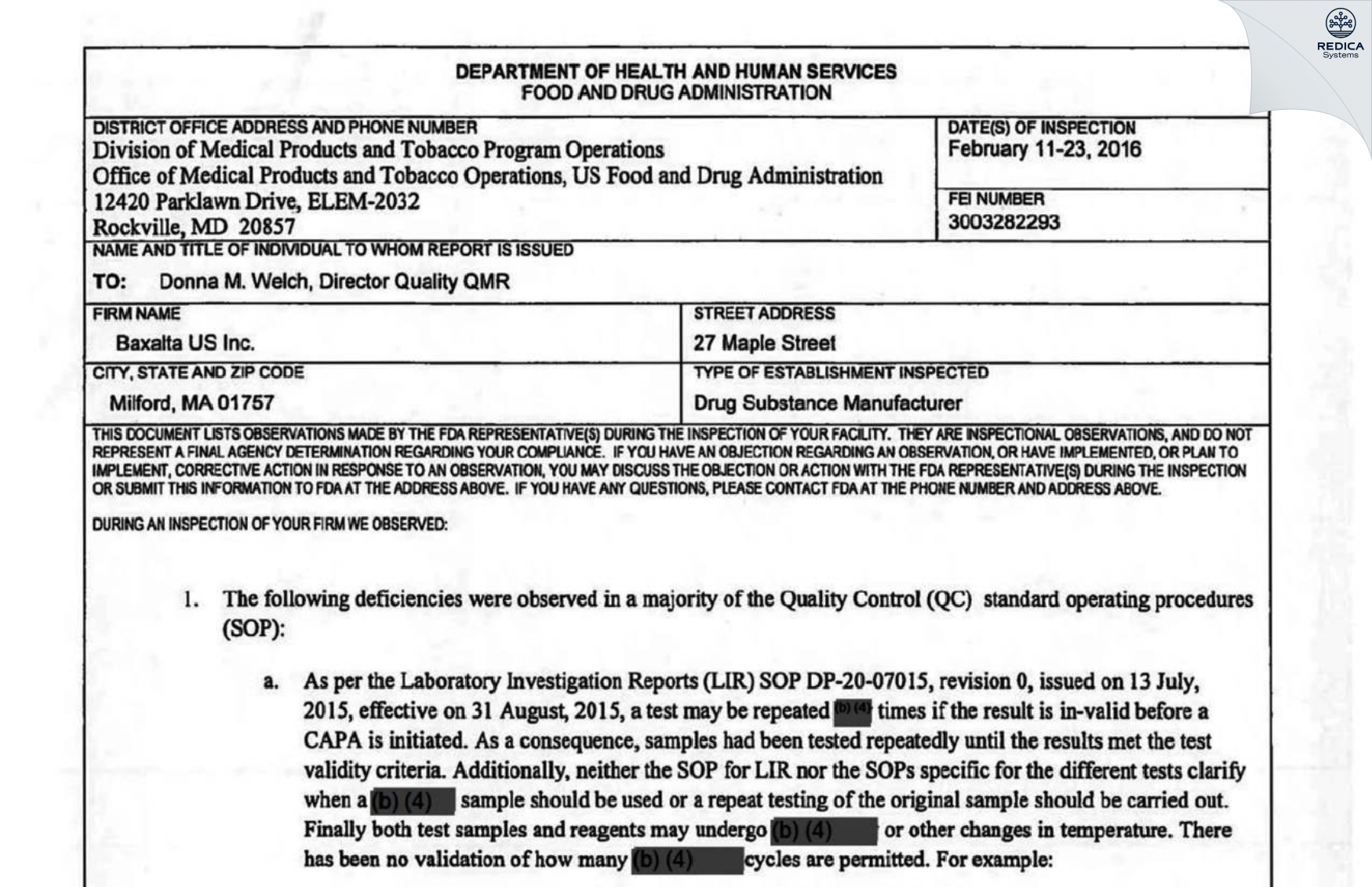 FDA 483 - Rentschler Biopharma Inc. [Milford / United States of America] - Download PDF - Redica Systems