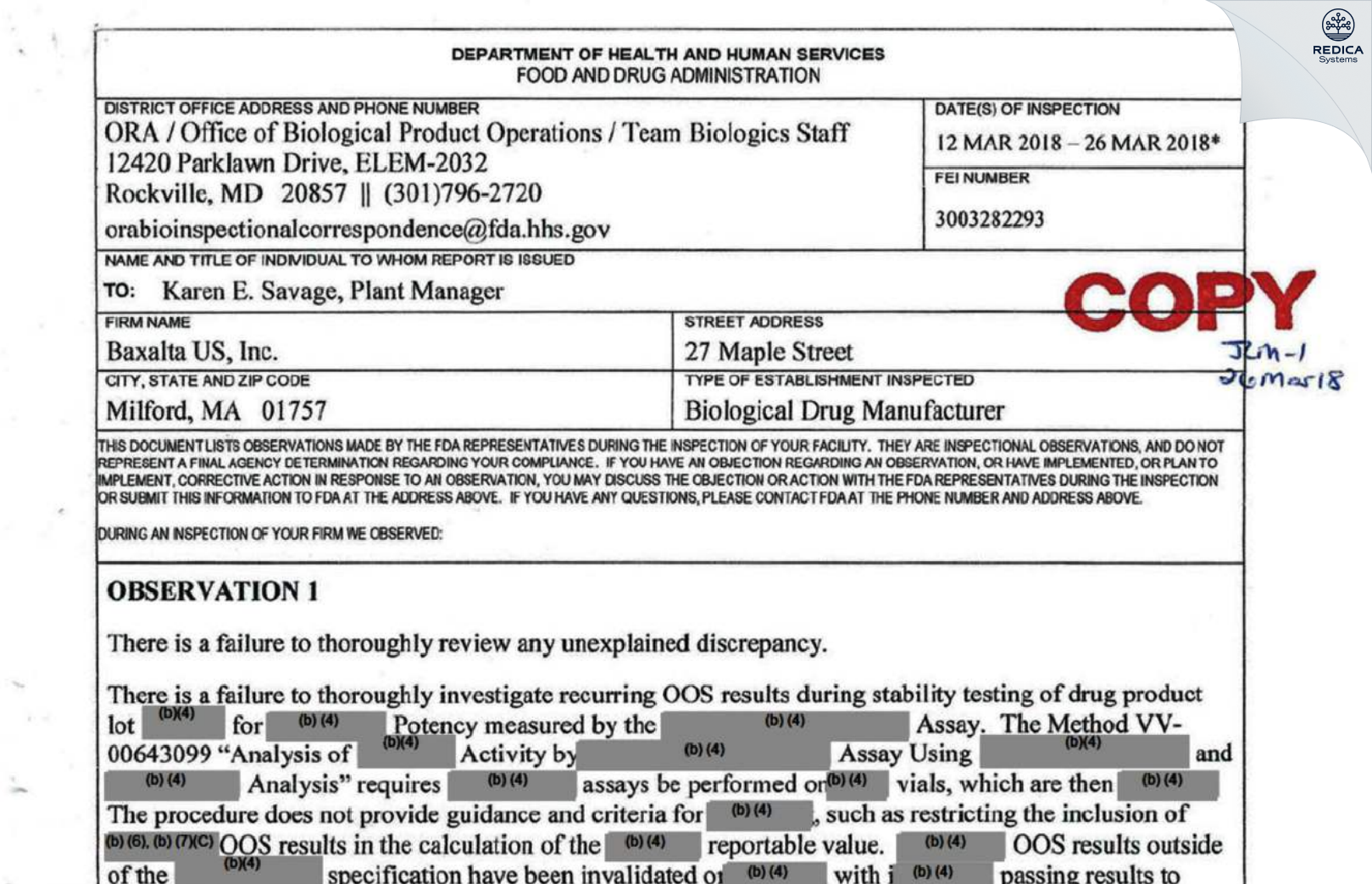 FDA 483 - Rentschler Biopharma Inc. [Milford / United States of America] - Download PDF - Redica Systems