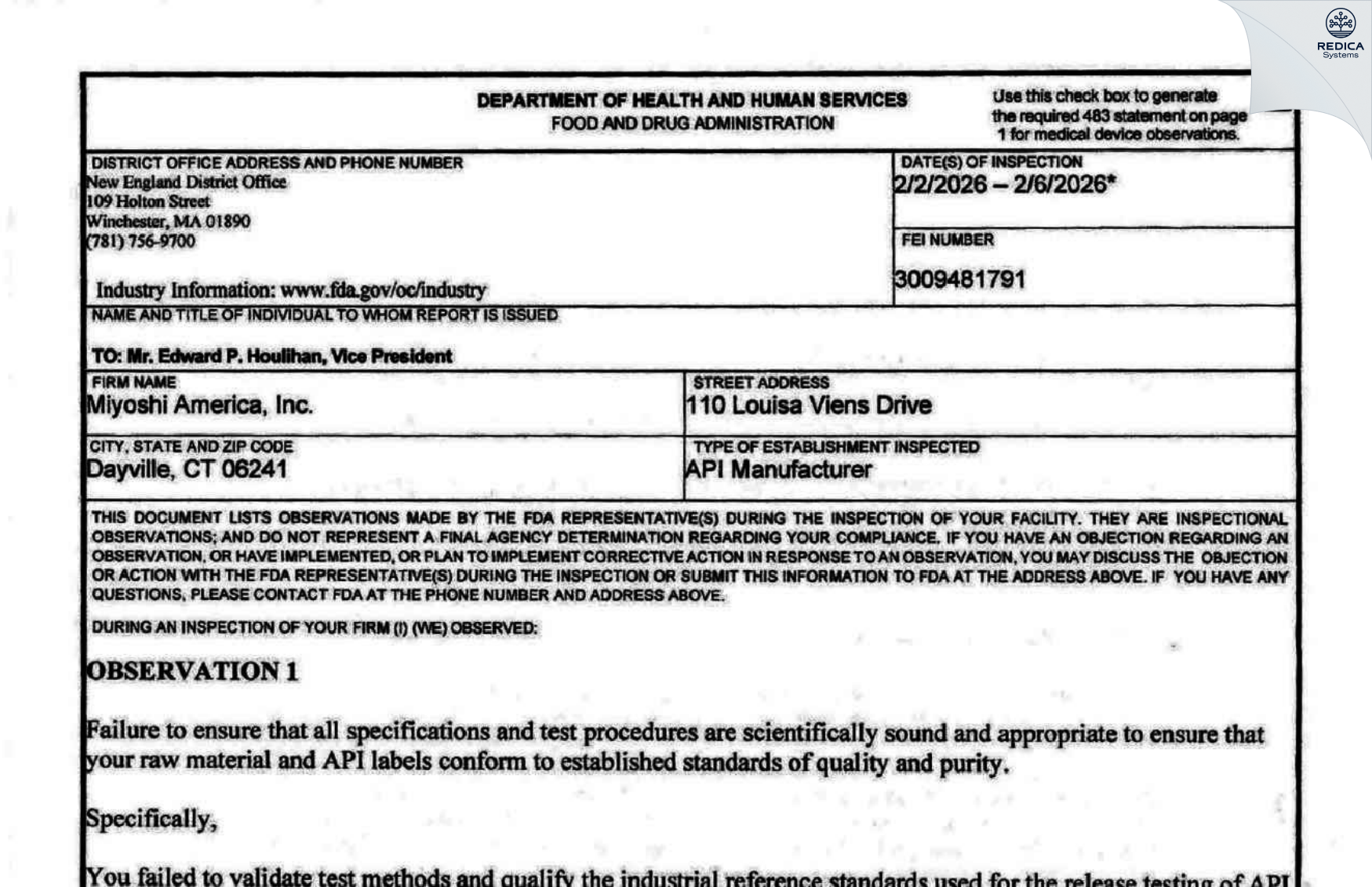 FDA 483 - Miyoshi America, Inc. [Dayville / United States of America] - Download PDF - Redica Systems