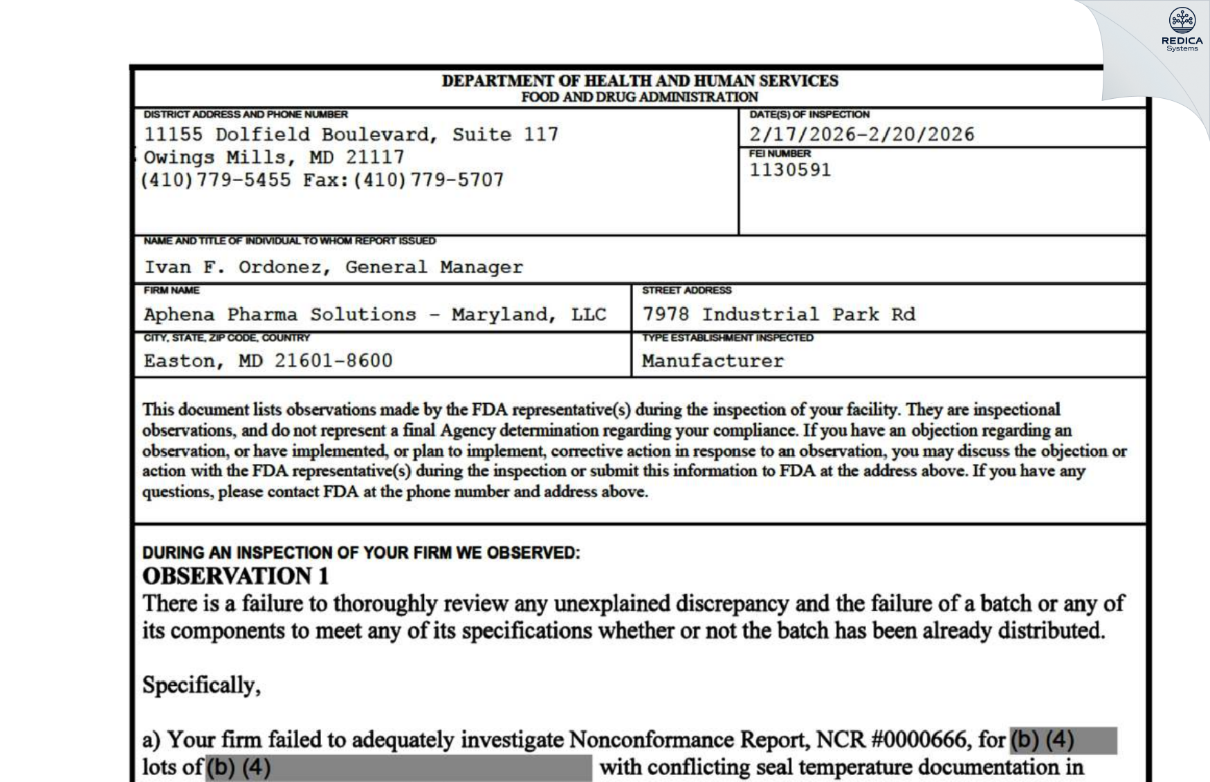 FDA 483 - Aphena Pharma Solutions - Maryland, LLC [Easton / United States of America] - Download PDF - Redica Systems