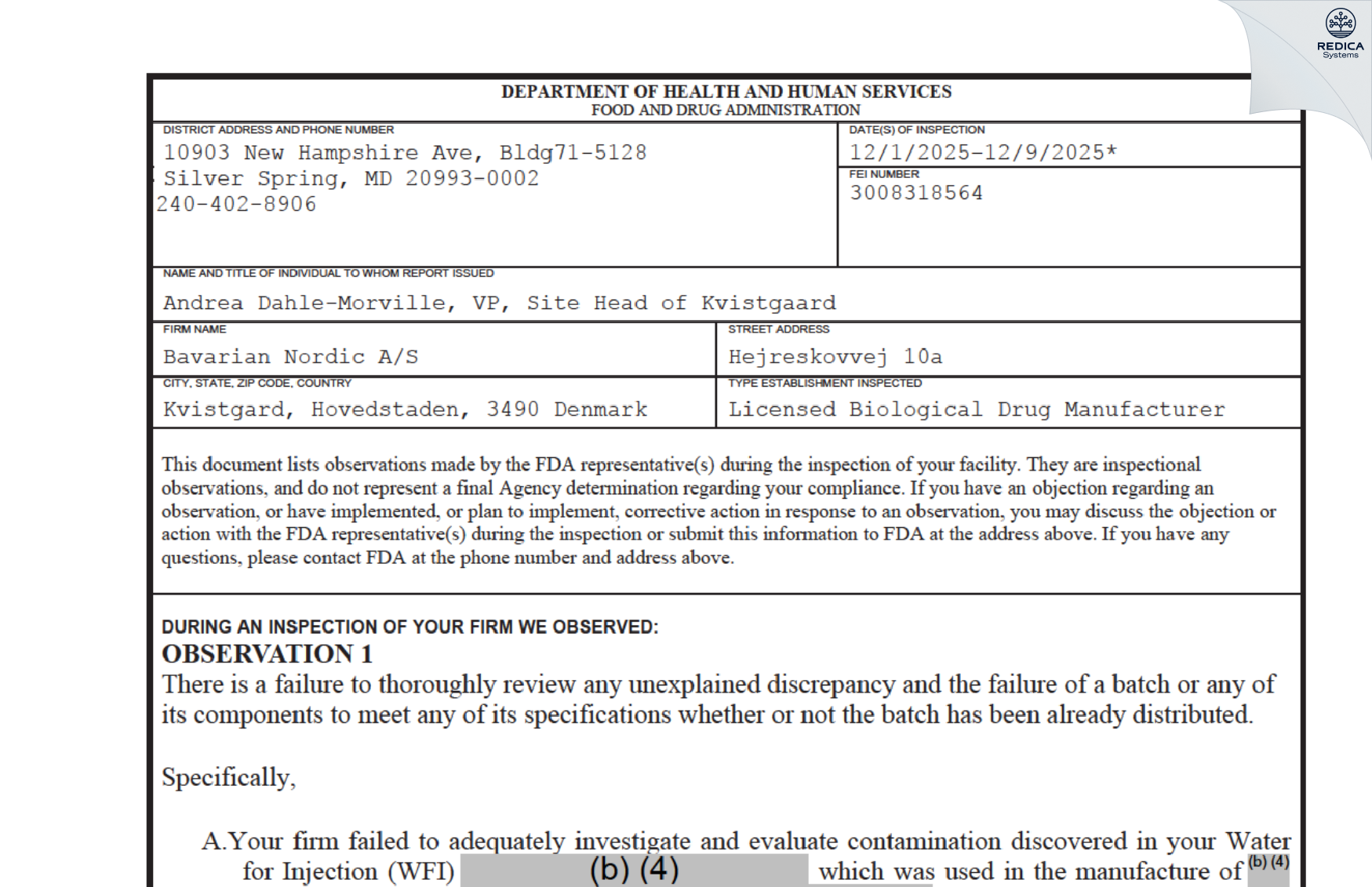 FDA 483 - Bavarian Nordic A/S [Kvistgård / Denmark] - Download PDF - Redica Systems