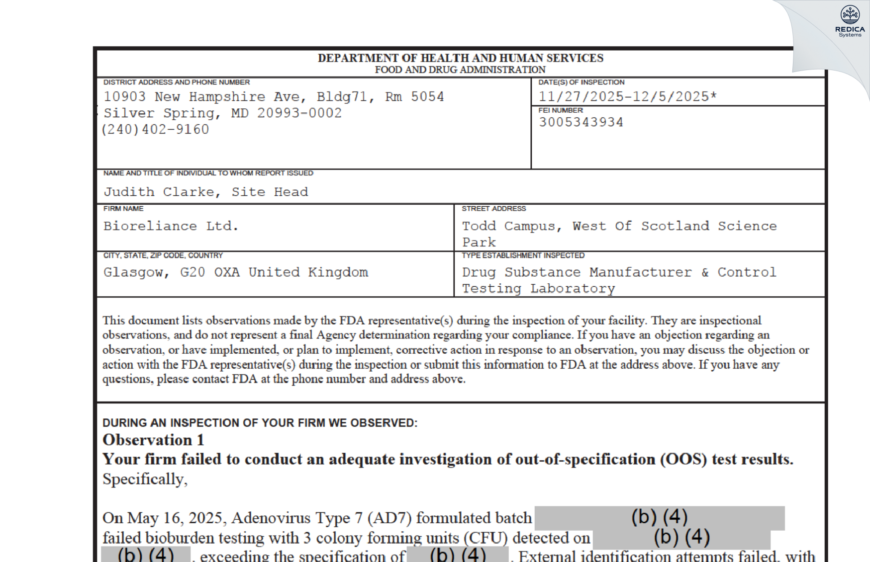 FDA 483 - Bioreliance Ltd. [City Of Glasgow / United Kingdom of Great Britain and Northern Ireland] - Download PDF - Redica Systems