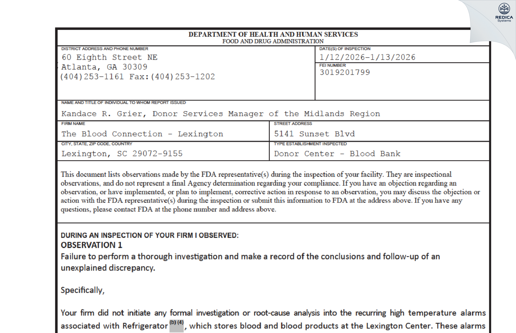 FDA 483 - Blood Connection Incorporated (The) [Lexington / United States of America] - Download PDF - Redica Systems
