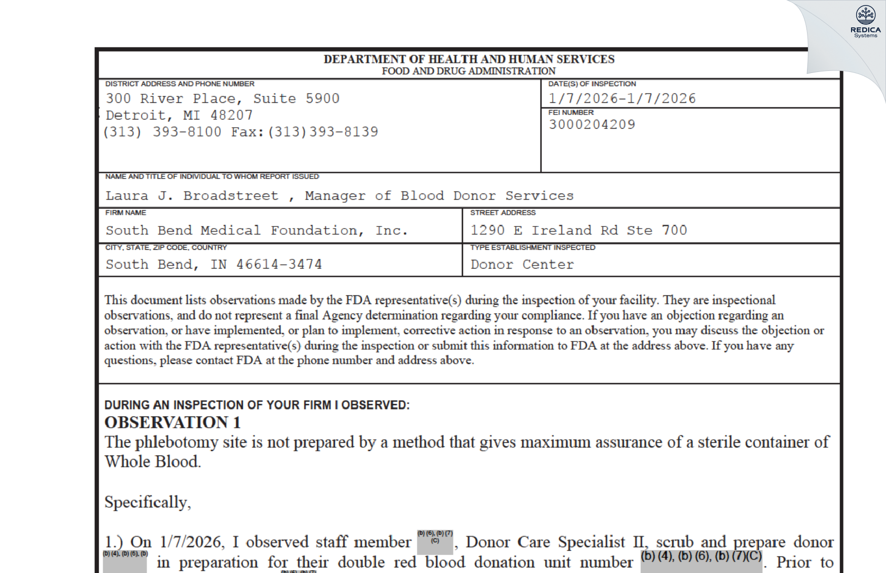 FDA 483 - South Bend Medical Foundation, Inc. [Mishawaka / United States of America] - Download PDF - Redica Systems