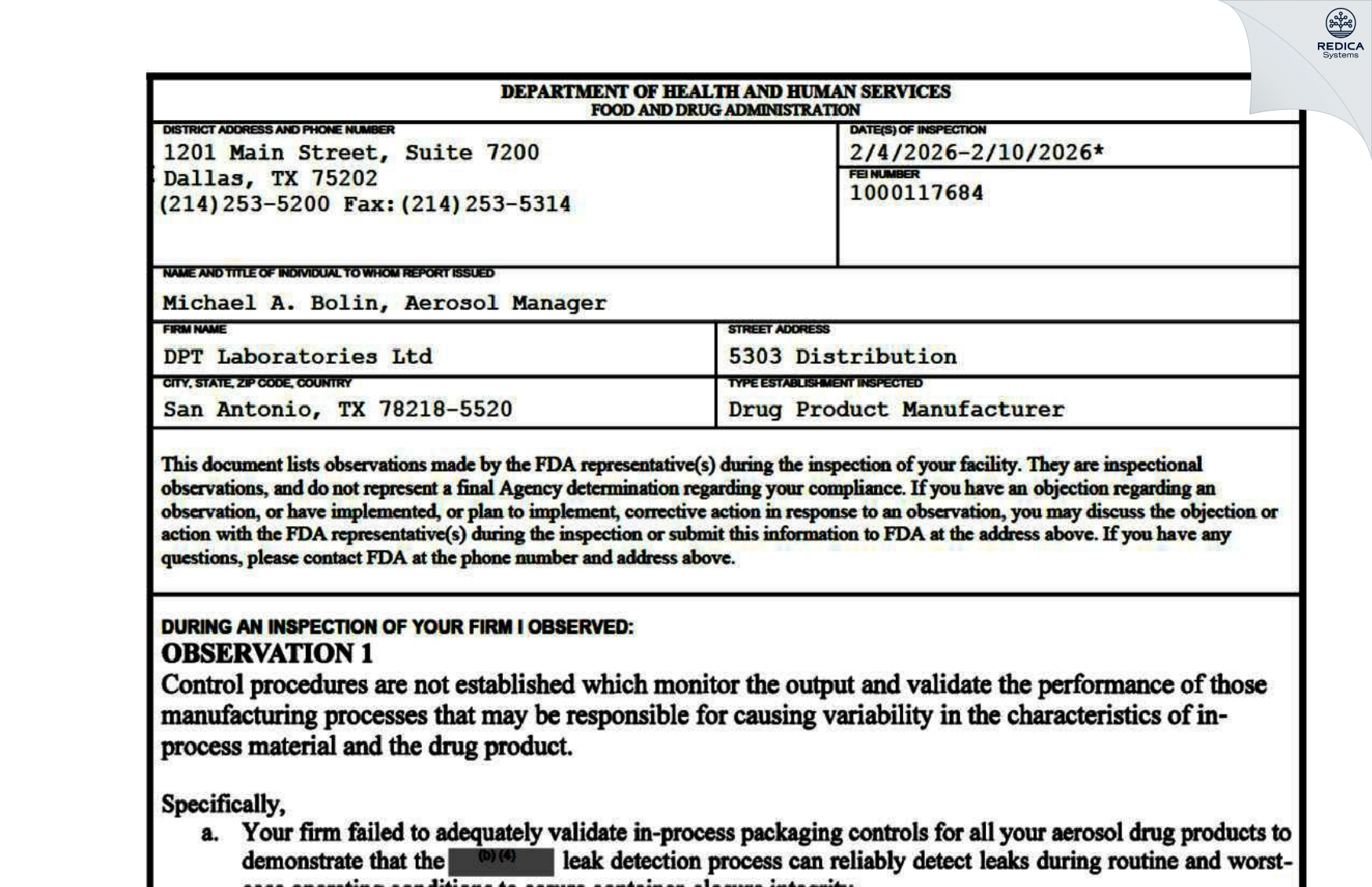 FDA 483 - DPT Laboratories, Ltd. [San Antonio / United States of America] - Download PDF - Redica Systems