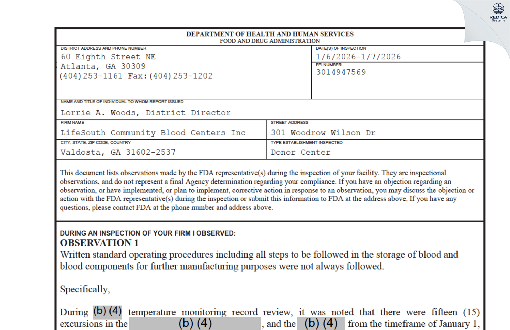 FDA 483 - LifeSouth Community Blood Centers Inc [Valdosta / United States of America] - Download PDF - Redica Systems