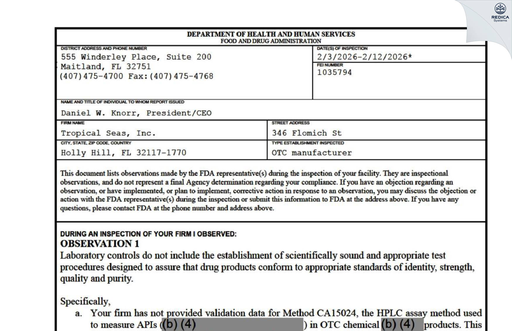 FDA 483 - Tropical Seas, Inc. [Daytona Beach / United States of America] - Download PDF - Redica Systems