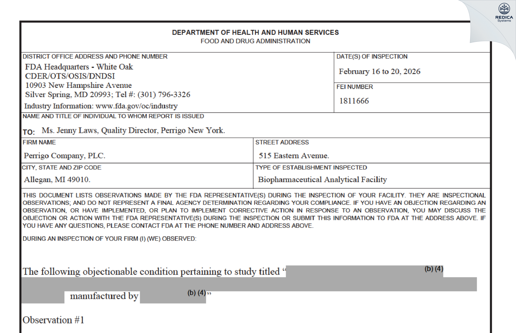 FDA 483 - L. Perrigo Company [Allegan / United States of America] - Download PDF - Redica Systems