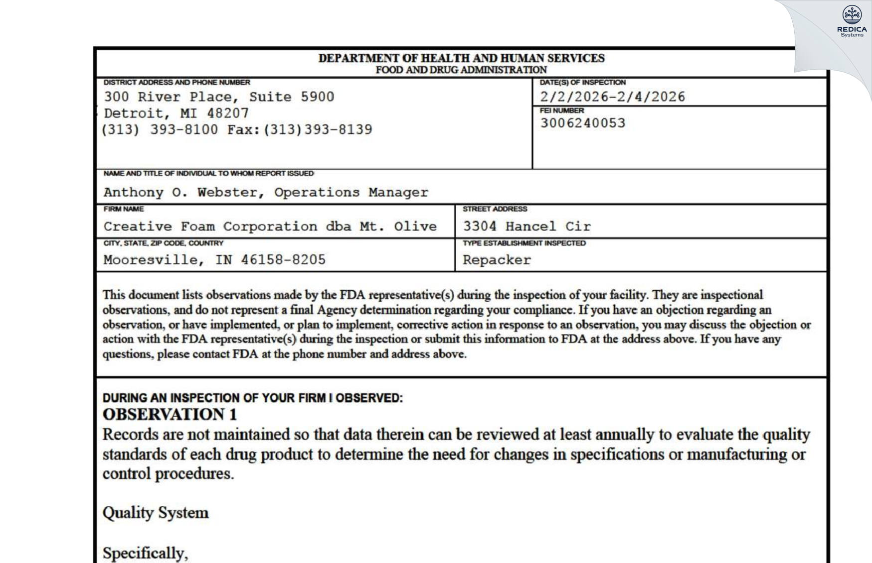 FDA 483 - Mount Olive Manufacturing, Inc. [Mooresville / United States of America] - Download PDF - Redica Systems