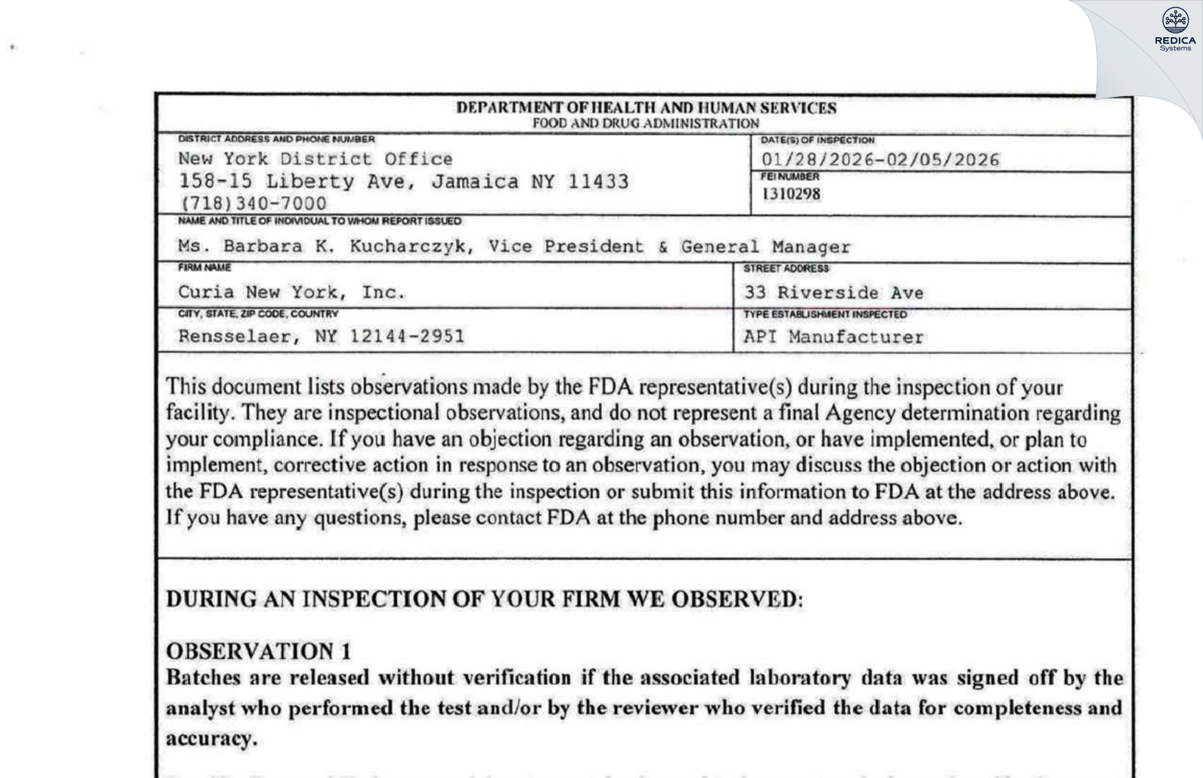 FDA 483 - Curia New York, Inc. [Rensselaer / United States of America] - Download PDF - Redica Systems