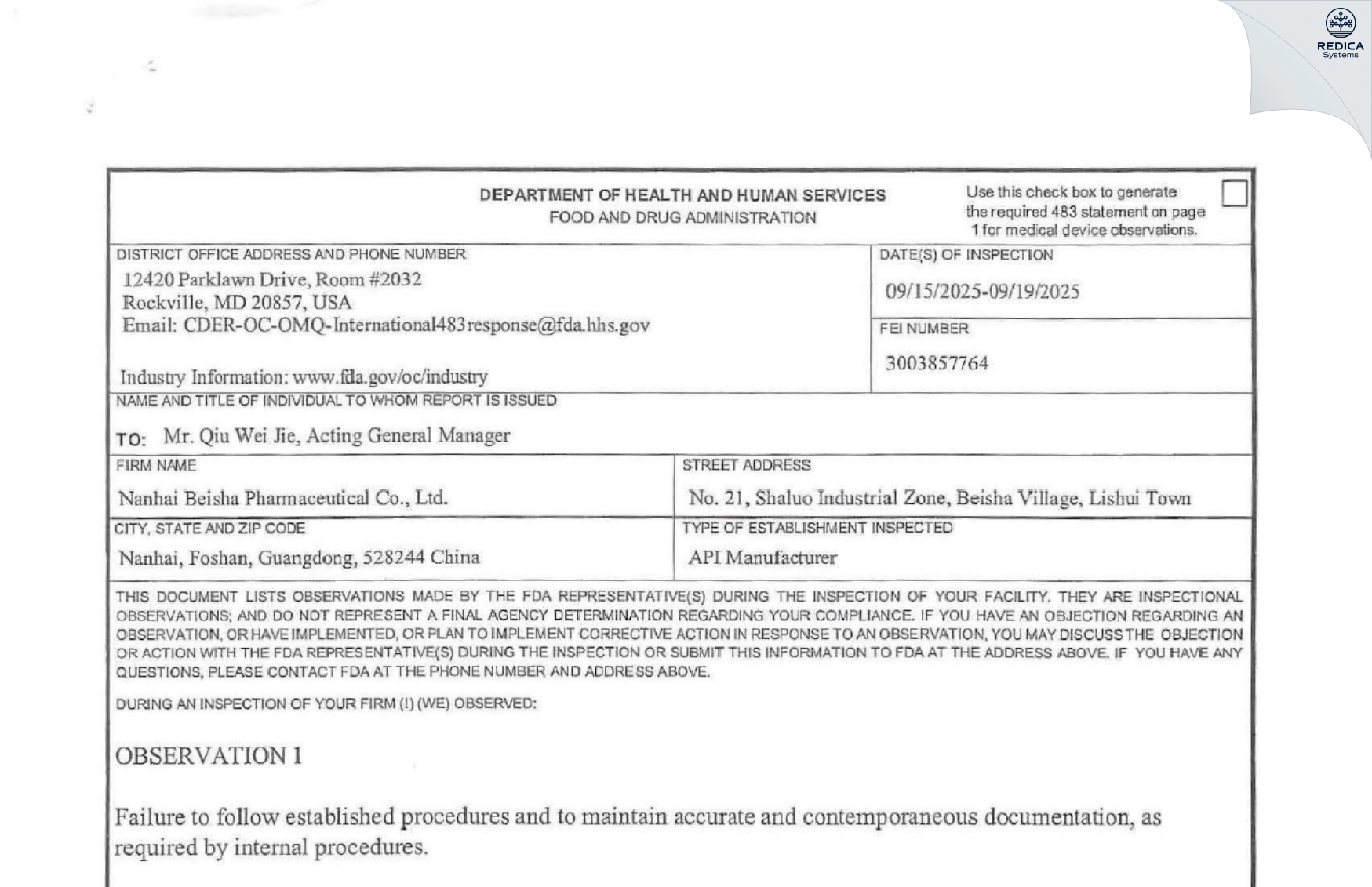 FDA 483 - NANHAI BEISHA PHARMACEUTICAL CO., LTD. [Foshan / China] - Download PDF - Redica Systems