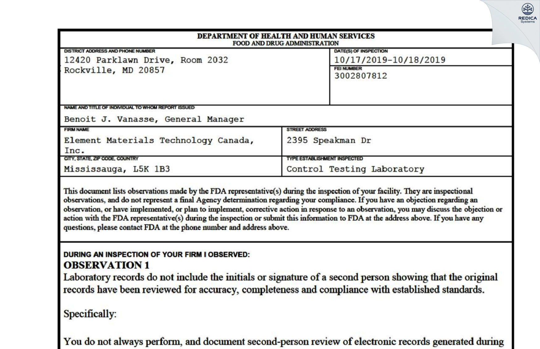 FDA 483 - Element Materials Technology Canada Inc. [Mississauga / Canada] - Download PDF - Redica Systems