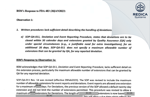 FDA 483 Response - Berkshire Sterile Manufacturing, Inc. [Lee / United States of America] - Download PDF - Redica Systems