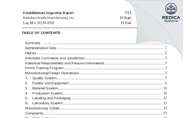 EIR - Berkshire Sterile Manufacturing, Inc. [Lee / United States of America] - Download PDF - Redica Systems