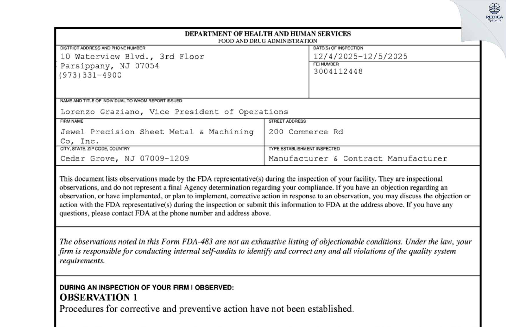 FDA 483 - Jewel Precision Sheet Metal & Machining, Inc. [Cedar Grove / United States of America] - Download PDF - Redica Systems