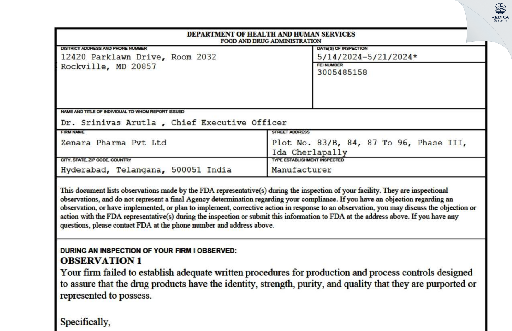 FDA 483 - ZENARA PHARMA PRIVATE LIMITED [Secunderabad / India] - Download PDF - Redica Systems