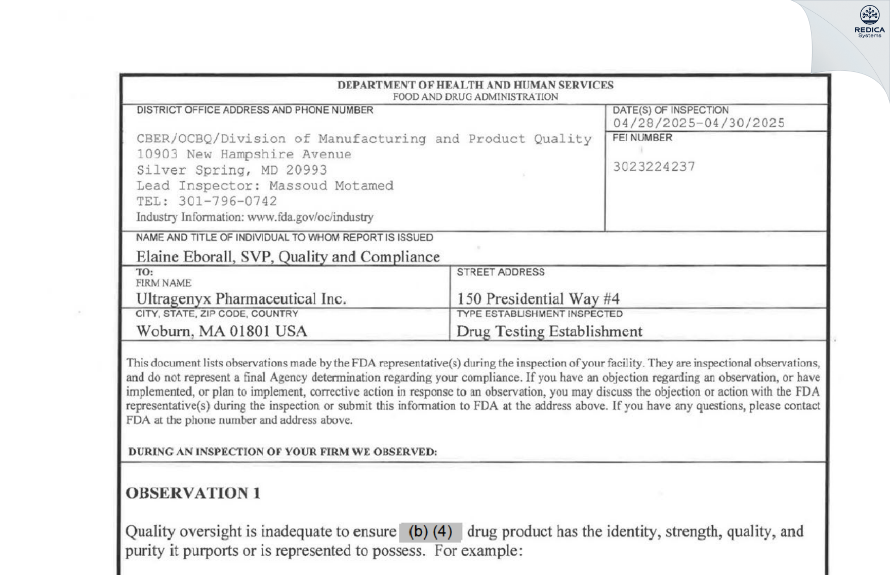 FDA 483 - Ultragenyx Pharmaceutical Inc. [Woburn / United States of America] - Download PDF - Redica Systems