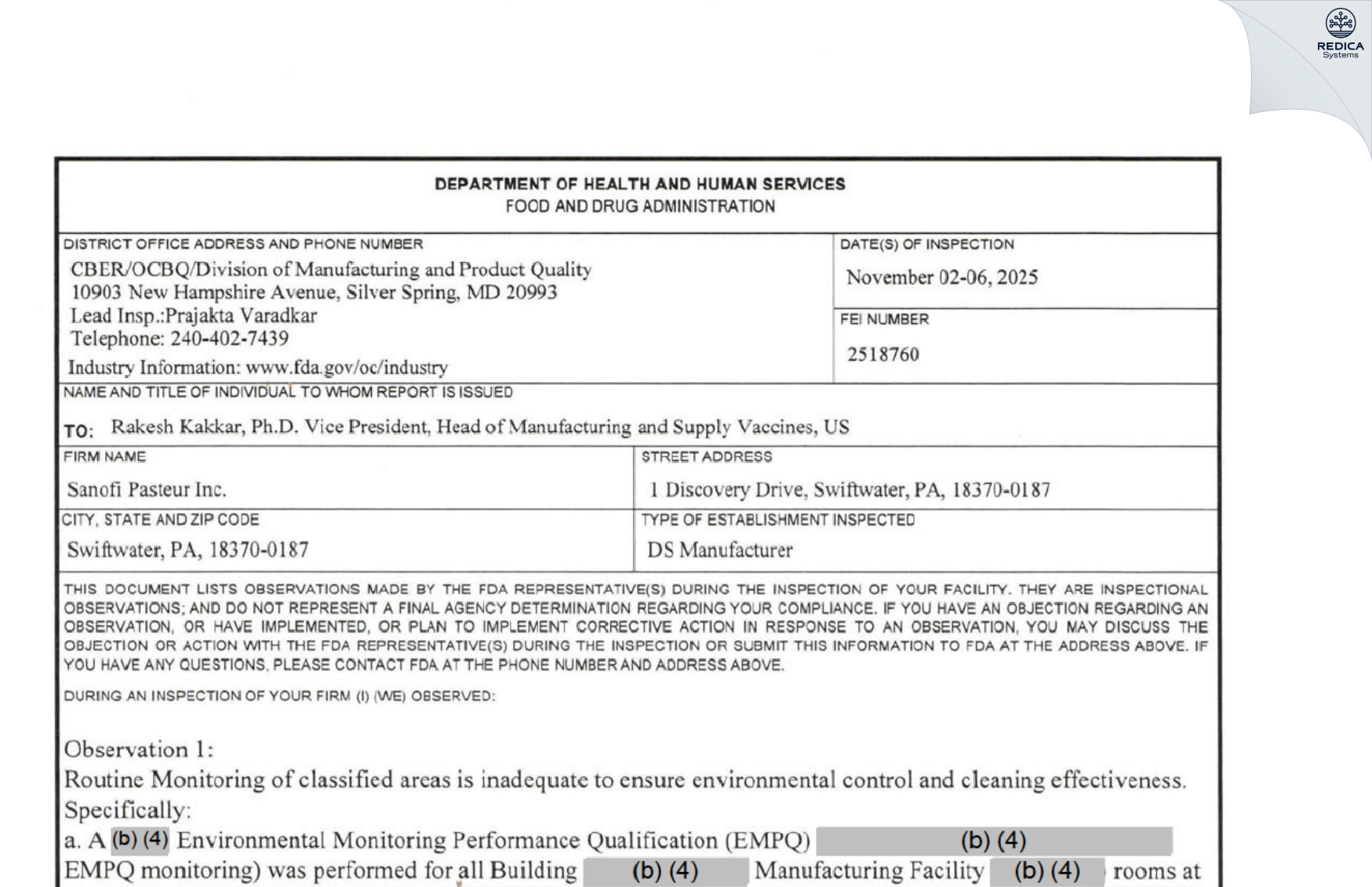 FDA 483 - Sanofi Pasteur Inc. [Swiftwater / United States of America] - Download PDF - Redica Systems