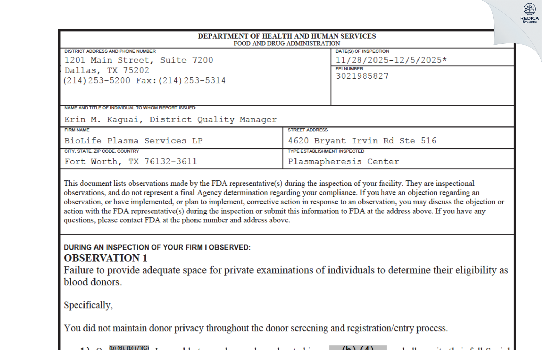 FDA 483 - BioLife Plasma Services LP [Fort Worth / United States of America] - Download PDF - Redica Systems