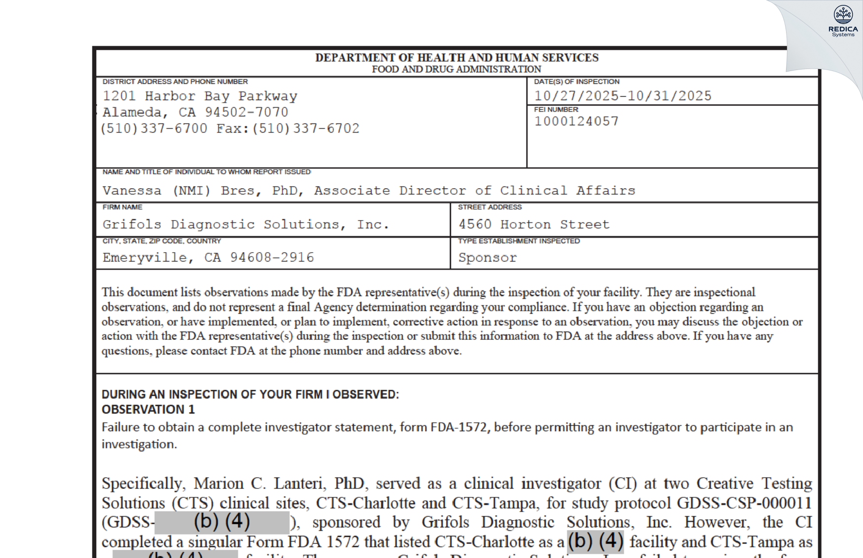 FDA 483 - Grifols Diagnostic Solutions Inc. [Emeryville / United States of America] - Download PDF - Redica Systems