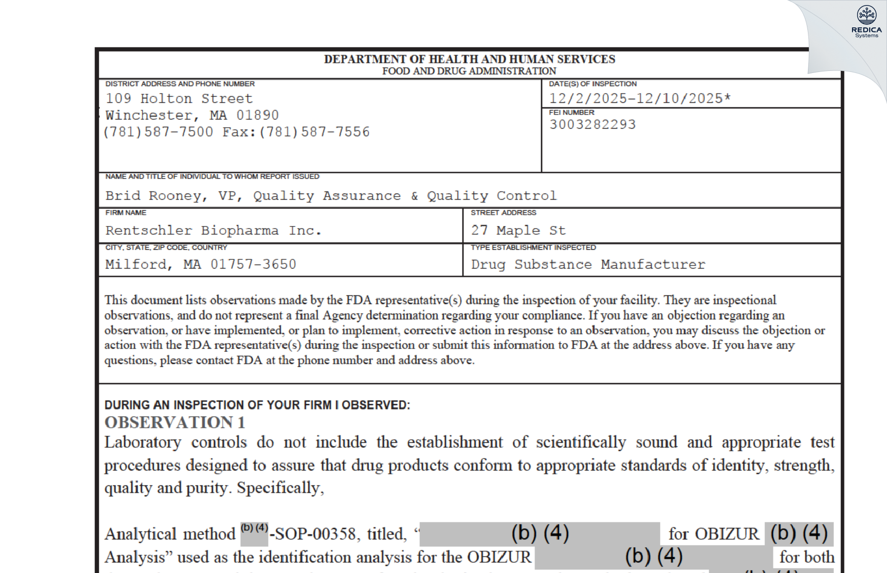 FDA 483 - Rentschler Biopharma Inc. [Milford / United States of America] - Download PDF - Redica Systems