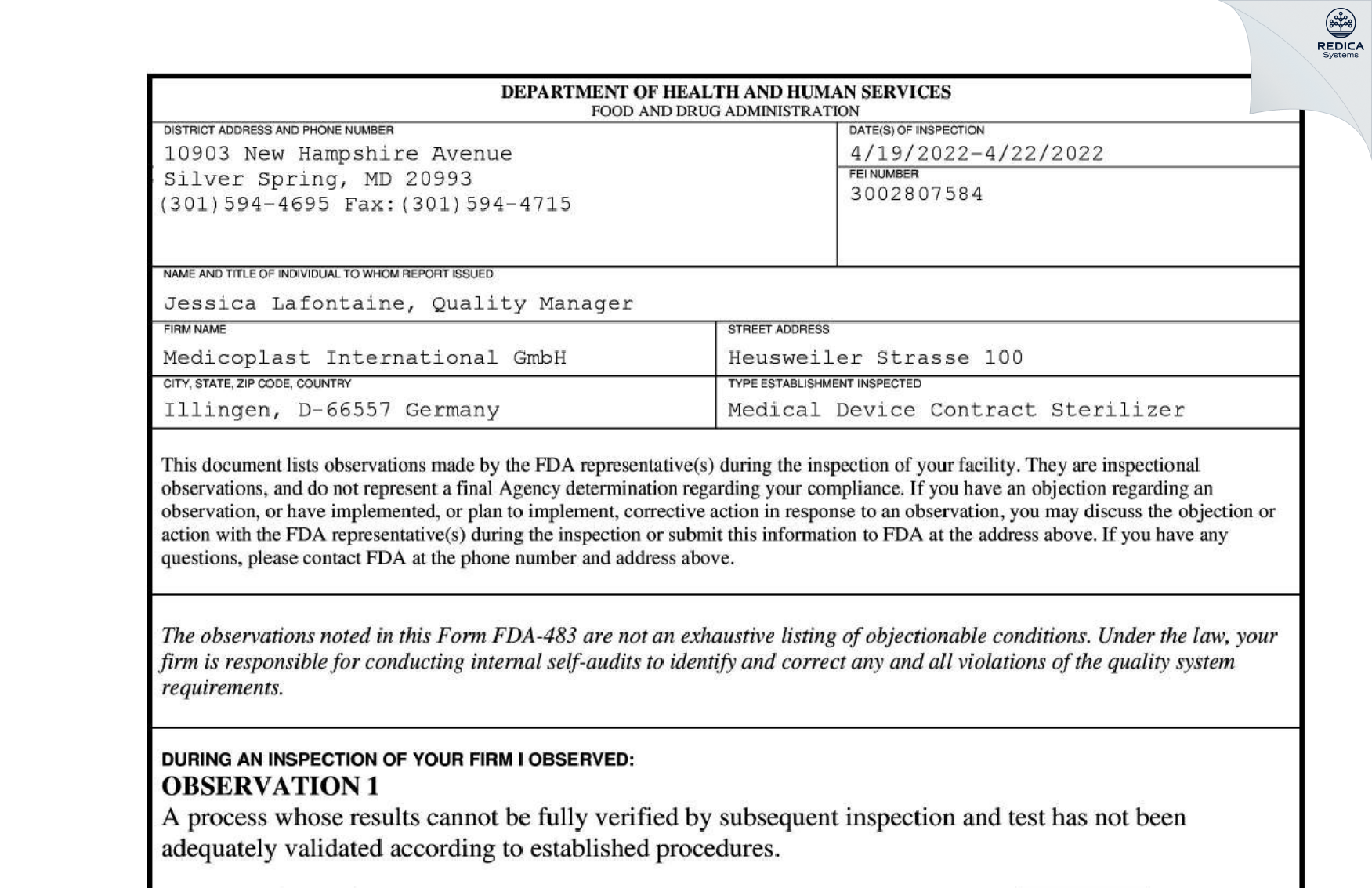FDA 483 - Medicoplast International GmbH [Illingen / Germany] - Download PDF - Redica Systems