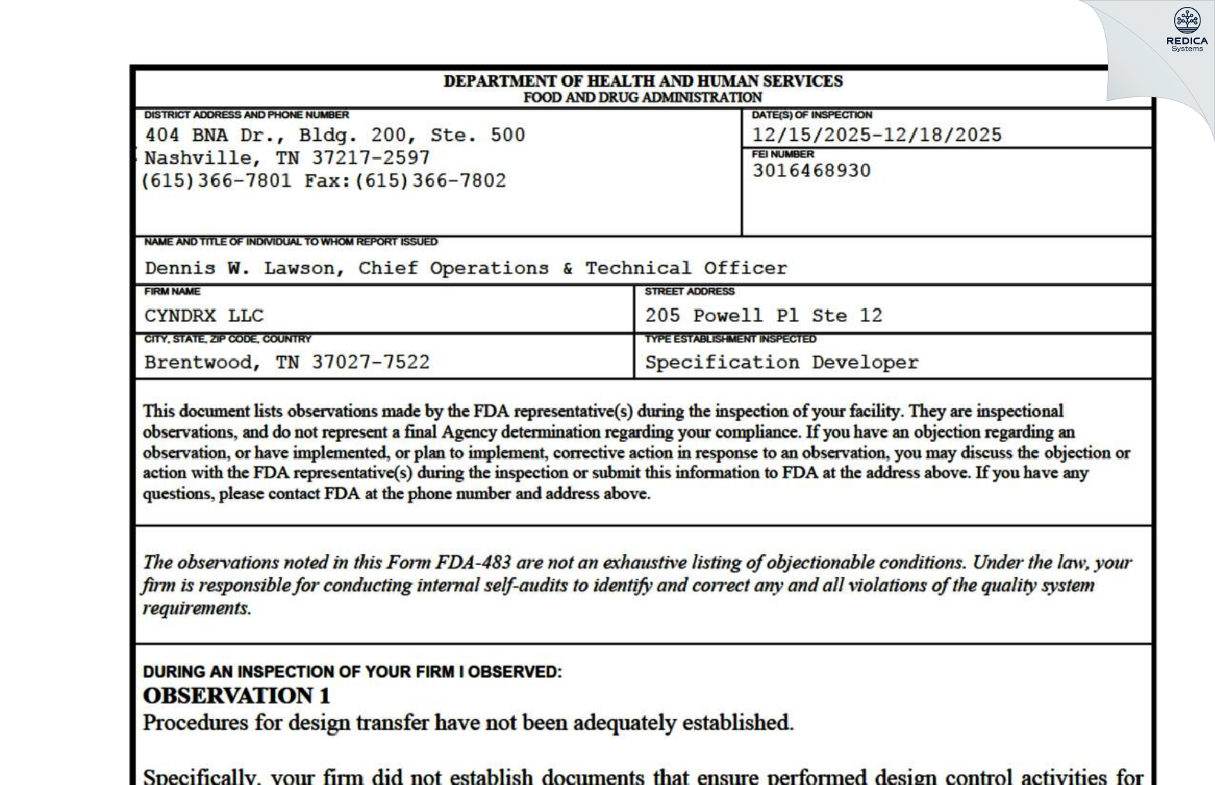 FDA 483 - CYNDRX LLC
 [Brentwood / United States of America] - Download PDF - Redica Systems
