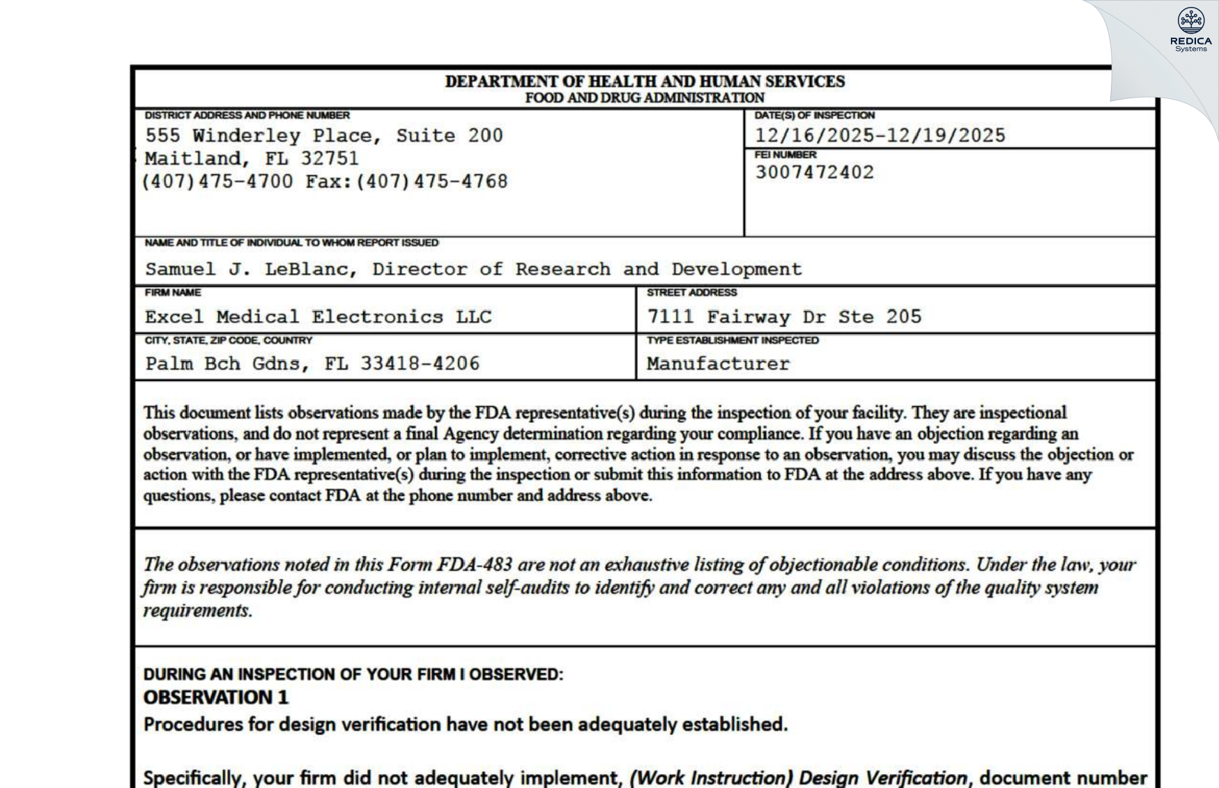 FDA 483 - Excel Medical Electronics LLC [Palm Beach Gardens / United States of America] - Download PDF - Redica Systems