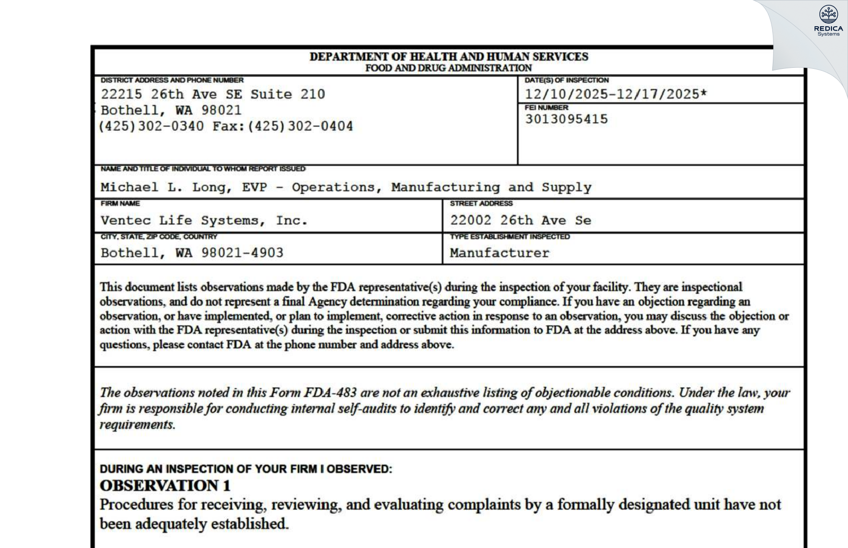 FDA 483 - Ventec Life Systems, Inc. [Bothell / United States of America] - Download PDF - Redica Systems