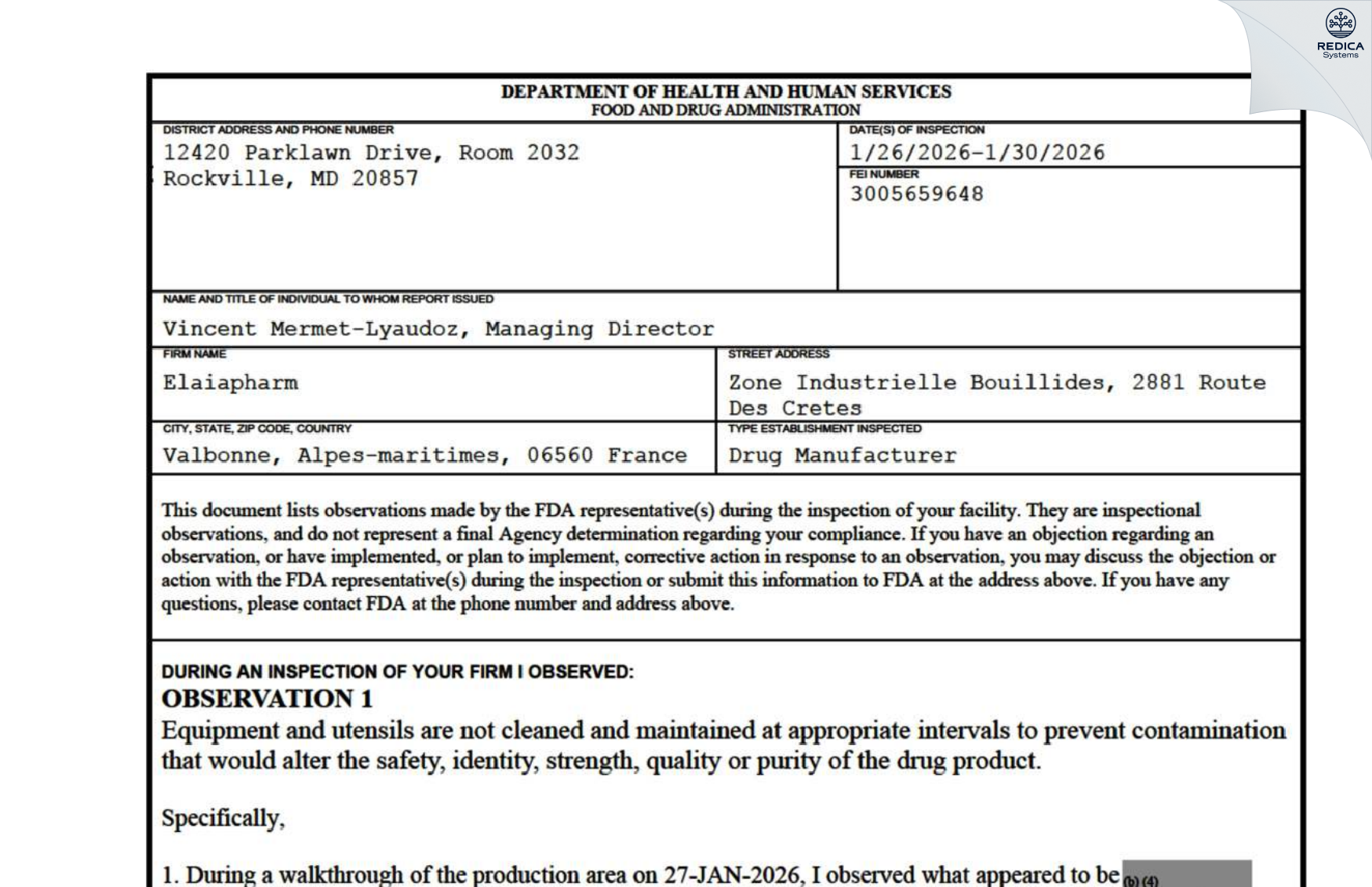 FDA 483 - ELAIAPHARM [Valbonne / France] - Download PDF - Redica Systems