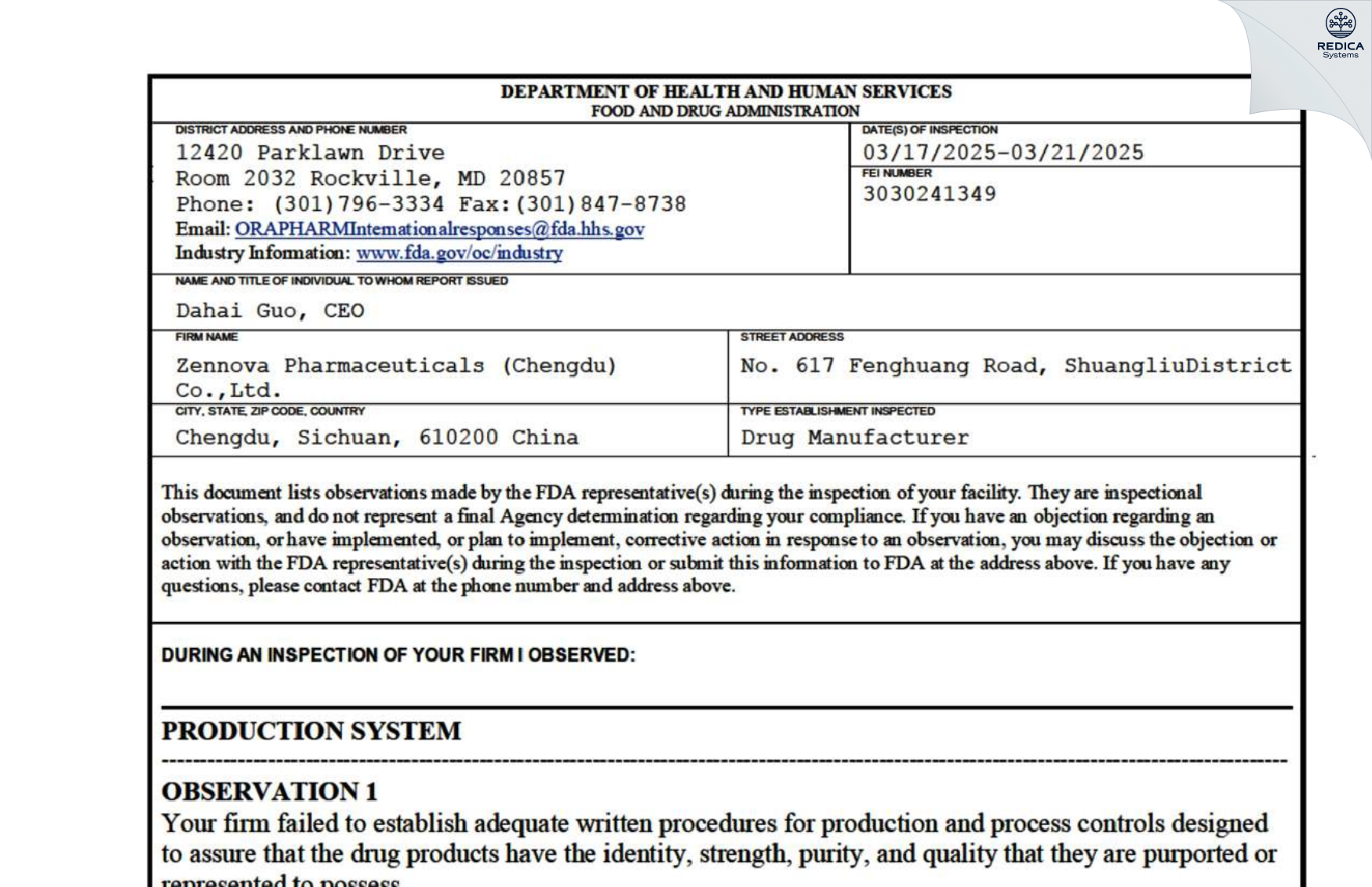 FDA 483 - Zennova Pharmaceuticals (chengdu) Co.,ltd. [Shuangliu / China] - Download PDF - Redica Systems