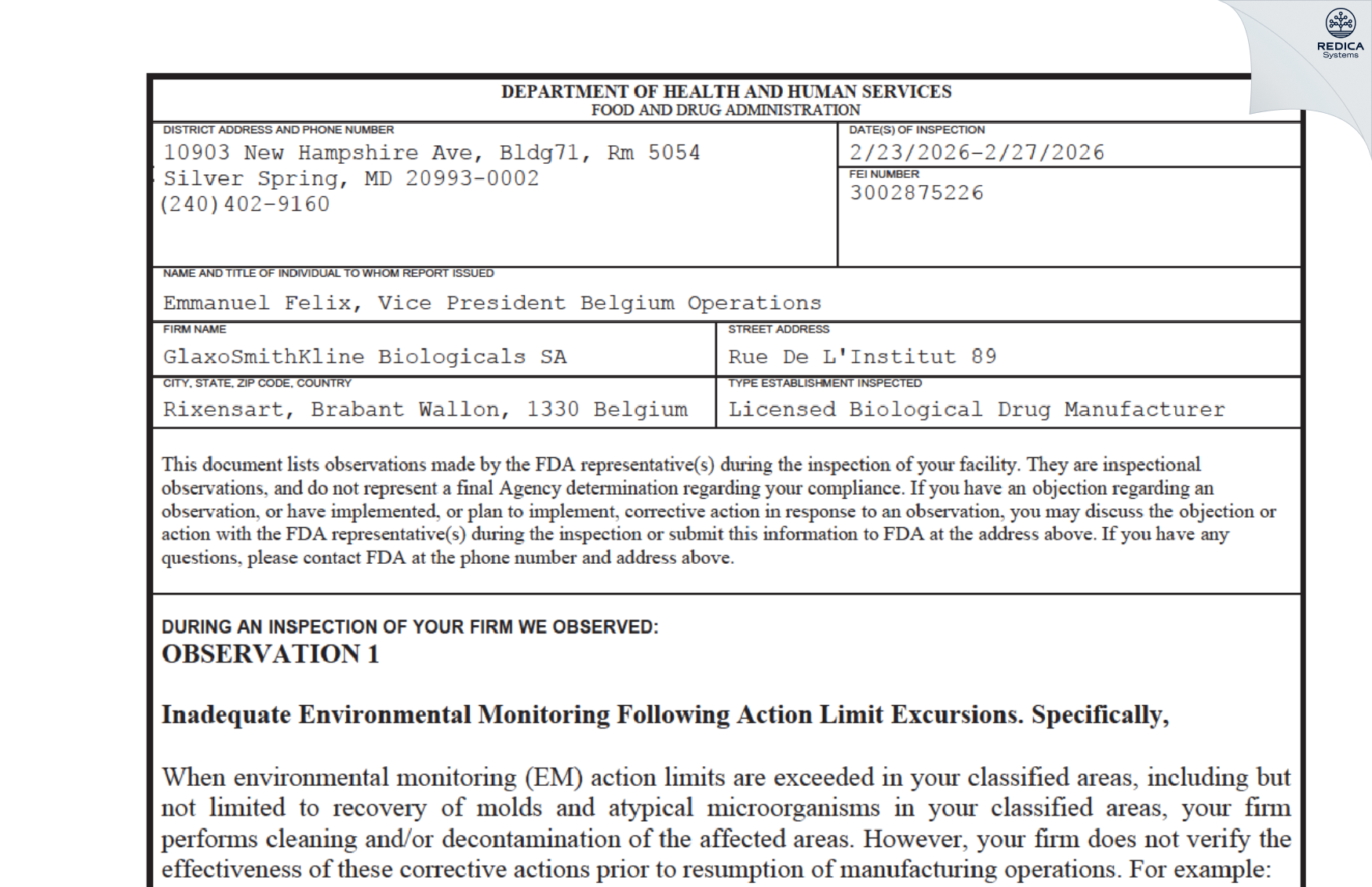 FDA 483 - GlaxoSmithKline Biologicals SA [Rixensart / Belgium] - Download PDF - Redica Systems