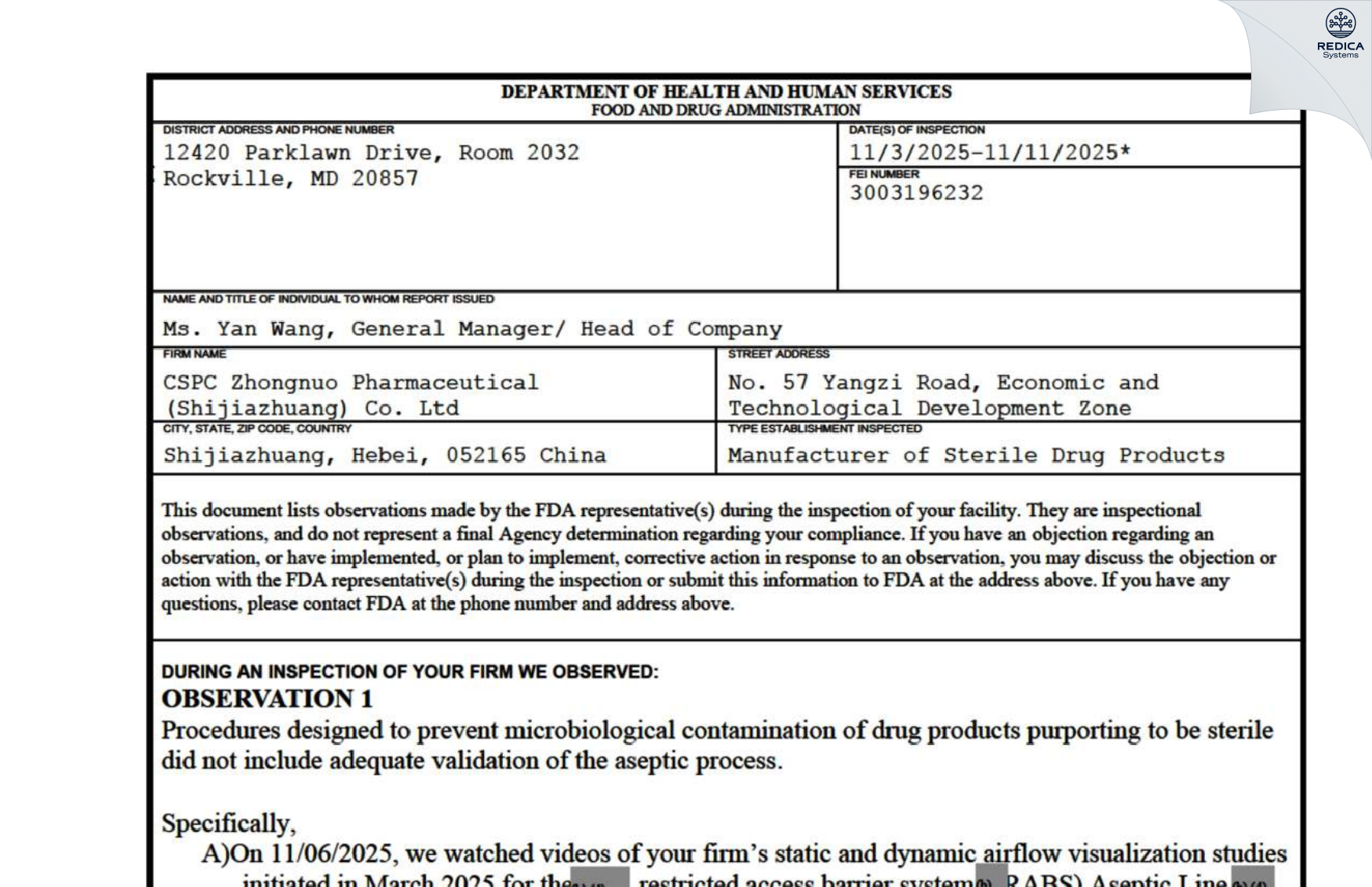 FDA 483 - CSPC Zhongnuo Pharmaceutical (Shijiazhuang) Co., Ltd. [Shijiazhuang / China] - Download PDF - Redica Systems