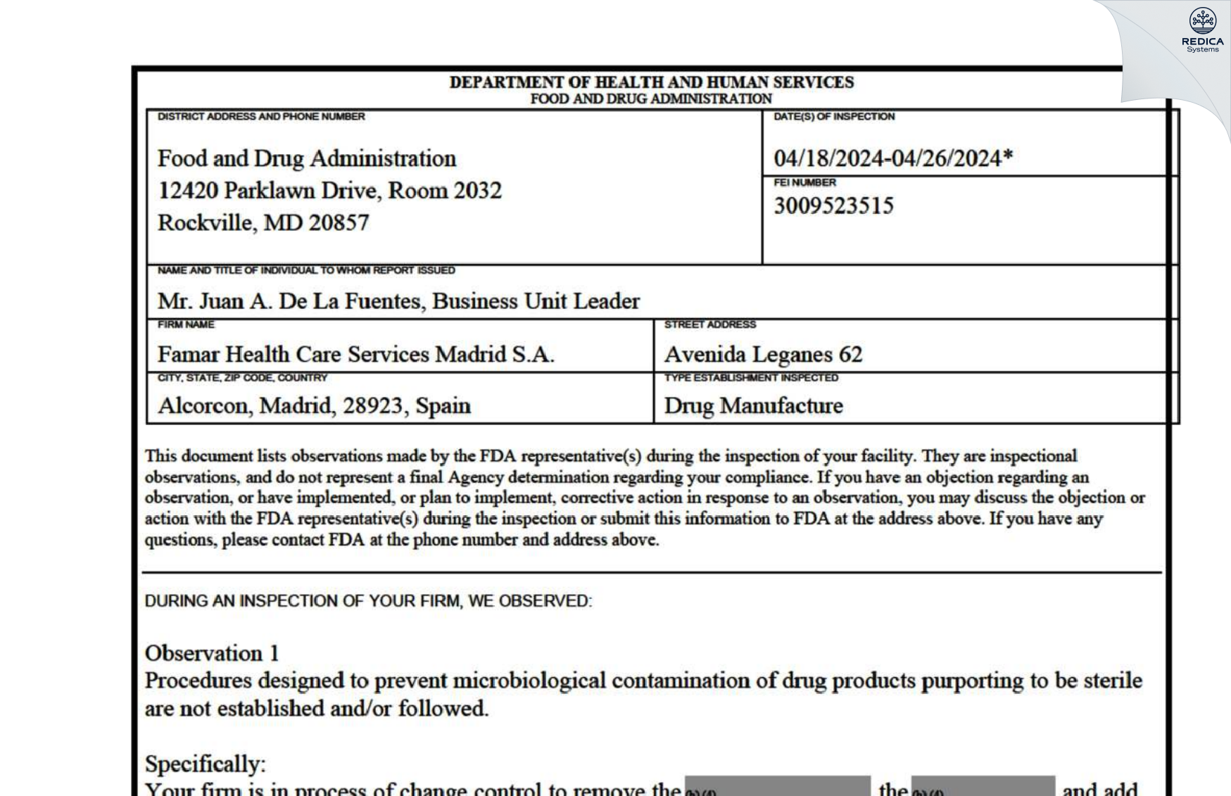 FDA 483 - FAMAR HEALTH CARE SERVICES MADRID SA [Alcorcón / Spain] - Download PDF - Redica Systems