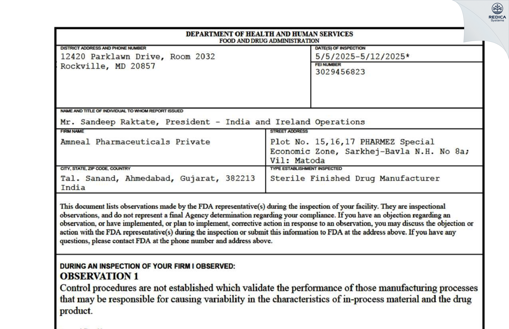 FDA 483 - Amneal Pharmaceuticals Private Limited [Changodar Gidc / India] - Download PDF - Redica Systems