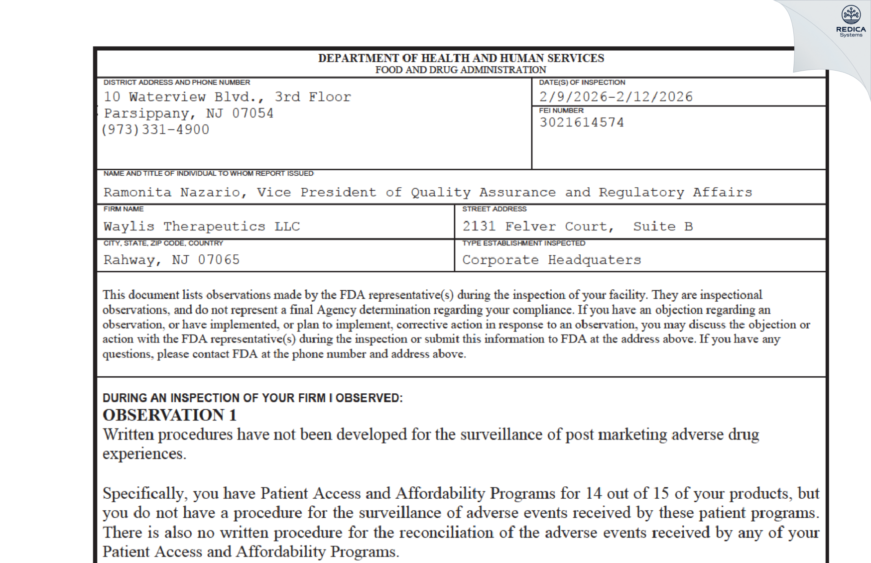 FDA 483 - Waylis Therapeutics [Rahway / United States of America] - Download PDF - Redica Systems