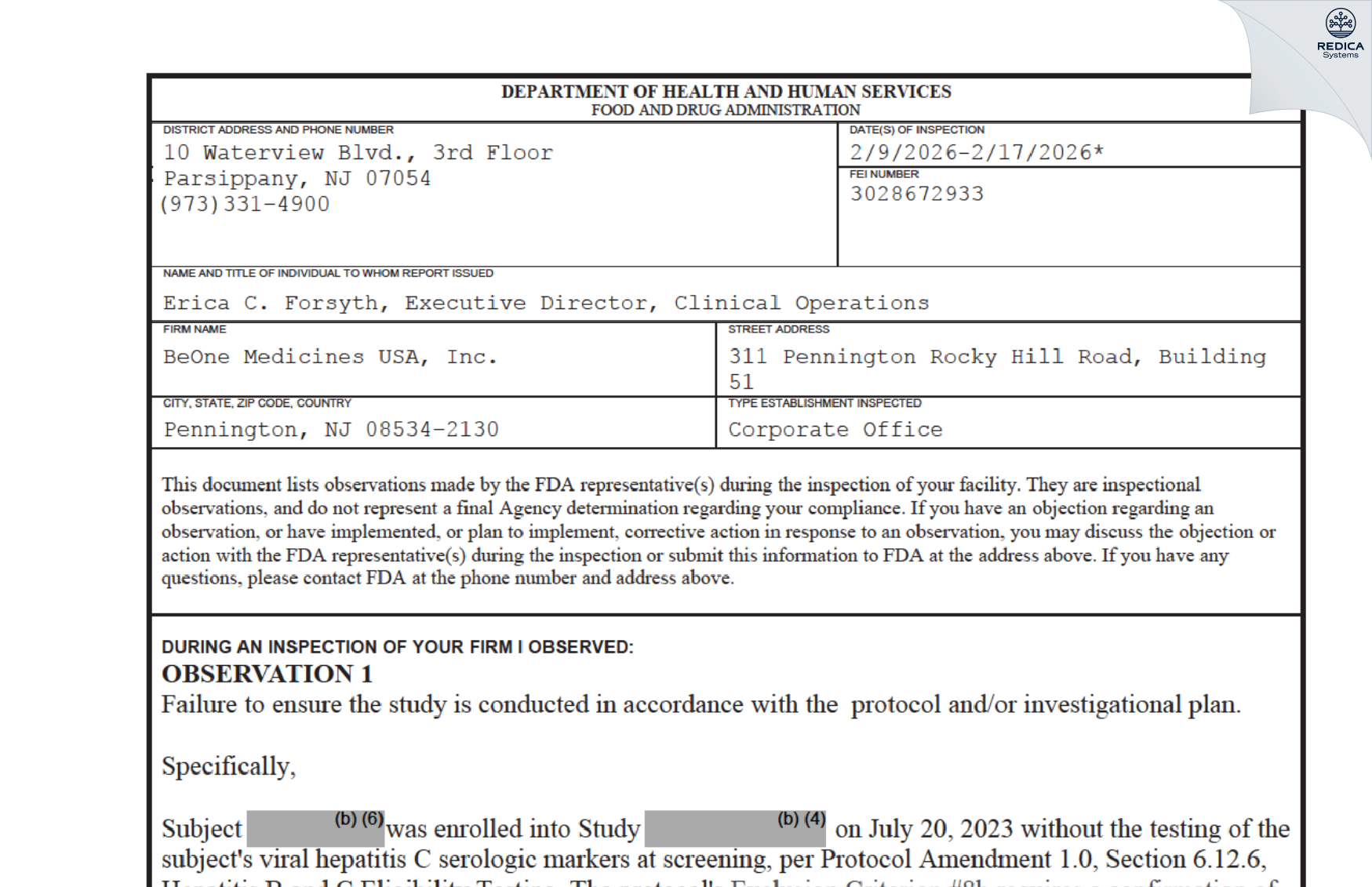 FDA 483 - BeOne Medicines US Manufacturing Co, Inc.

 [Pennington / United States of America] - Download PDF - Redica Systems
