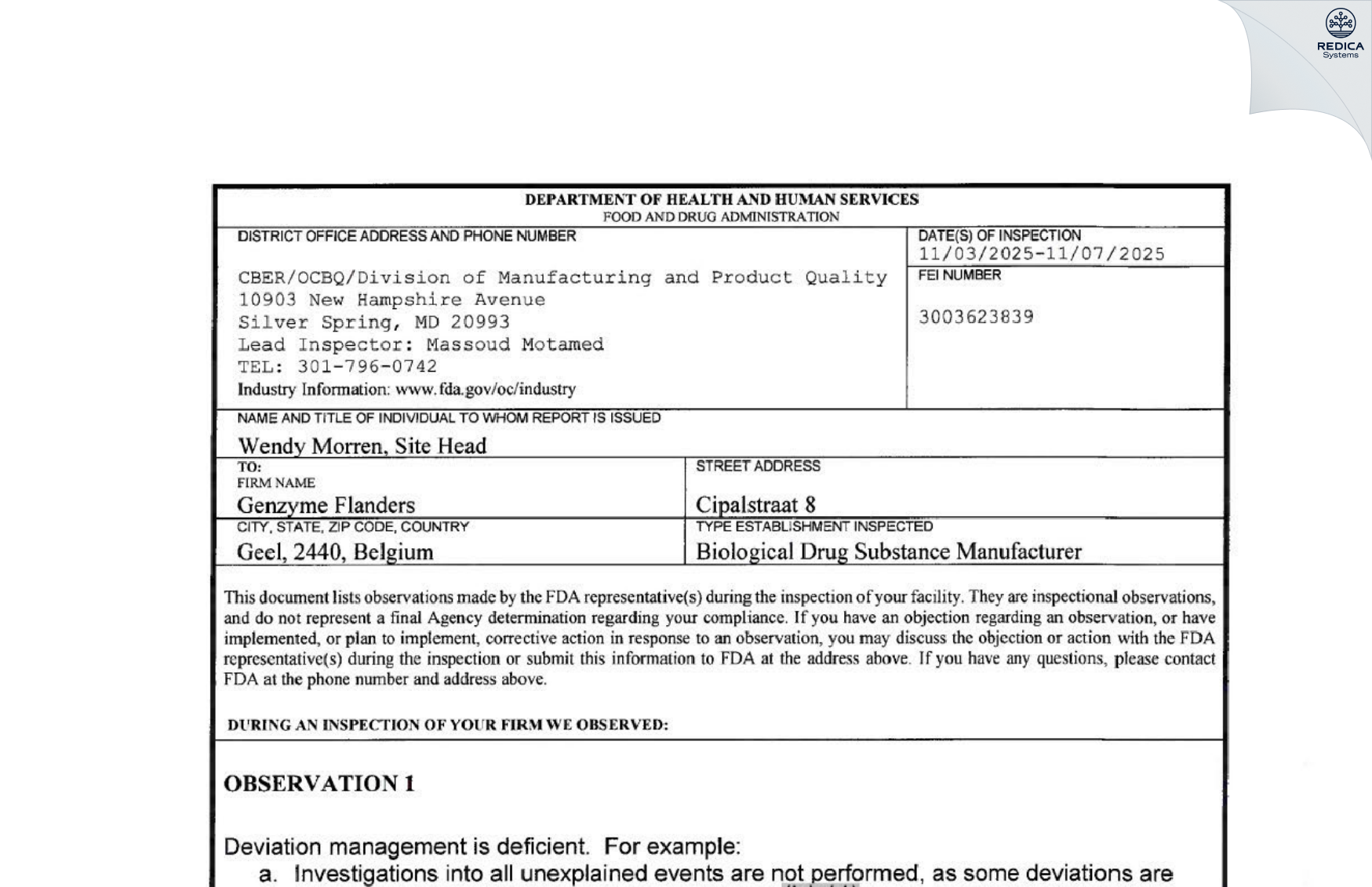 FDA 483 - Genzyme Flanders [Geel / Belgium] - Download PDF - Redica Systems